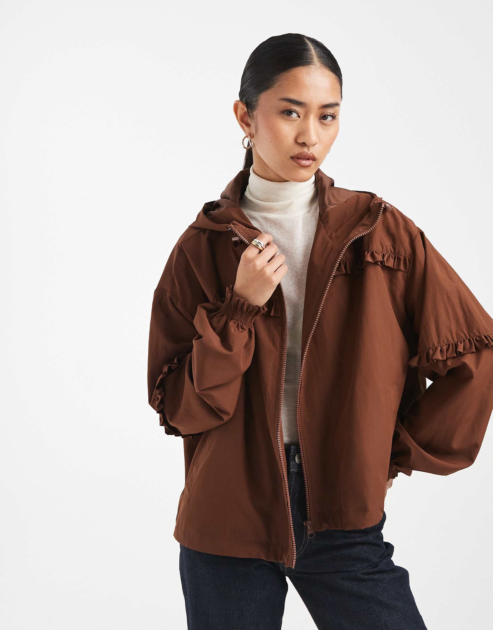 Miss Selfridge frill cinched waist windbreaker in chocolate