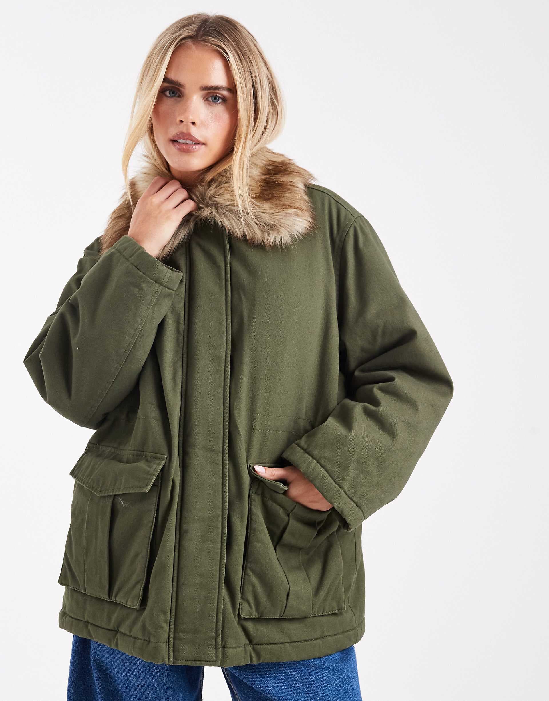 Miss Selfridge Petite faux fur collar parka in khaki