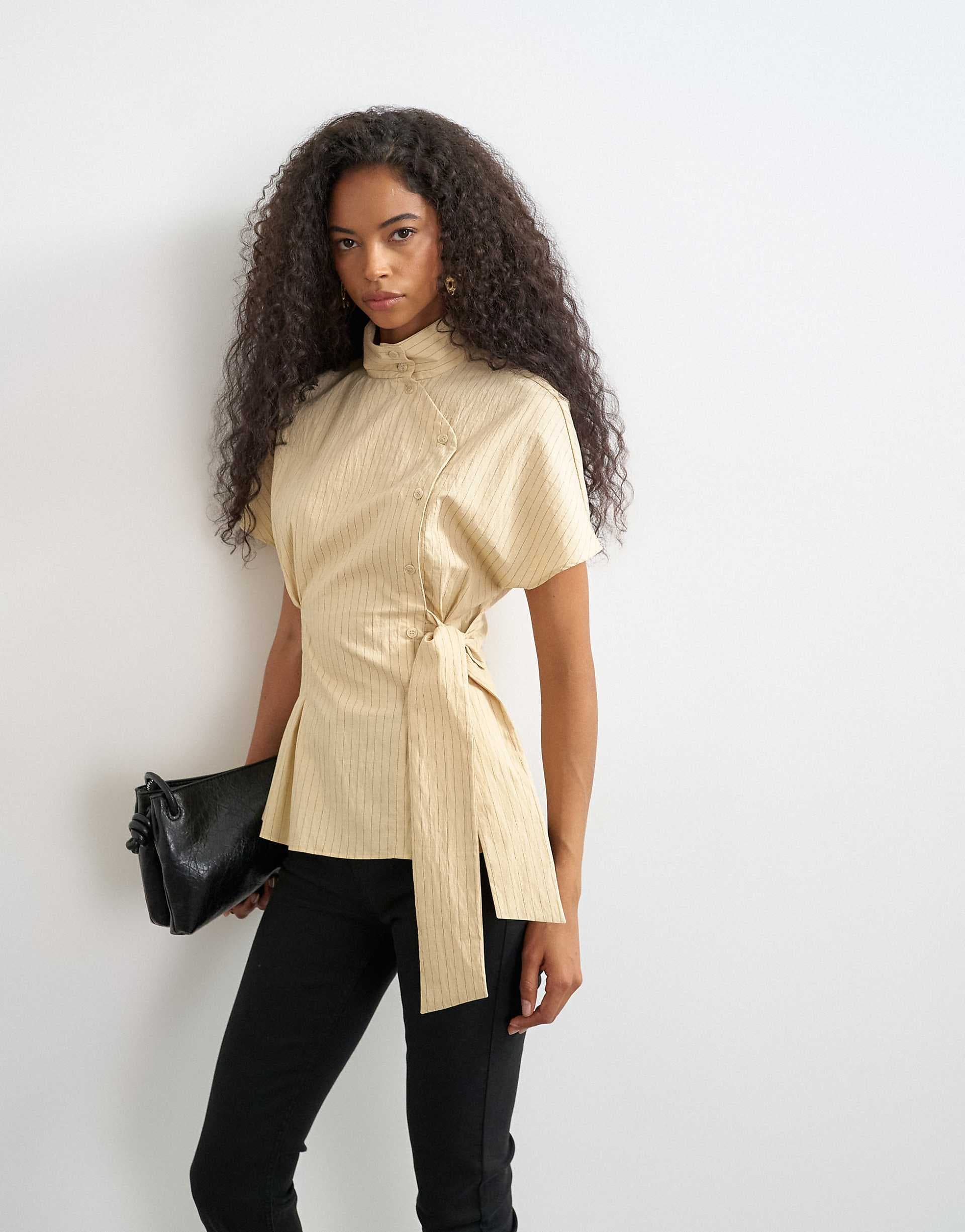 Topshop high neck curved placket shirt in taupe striped print