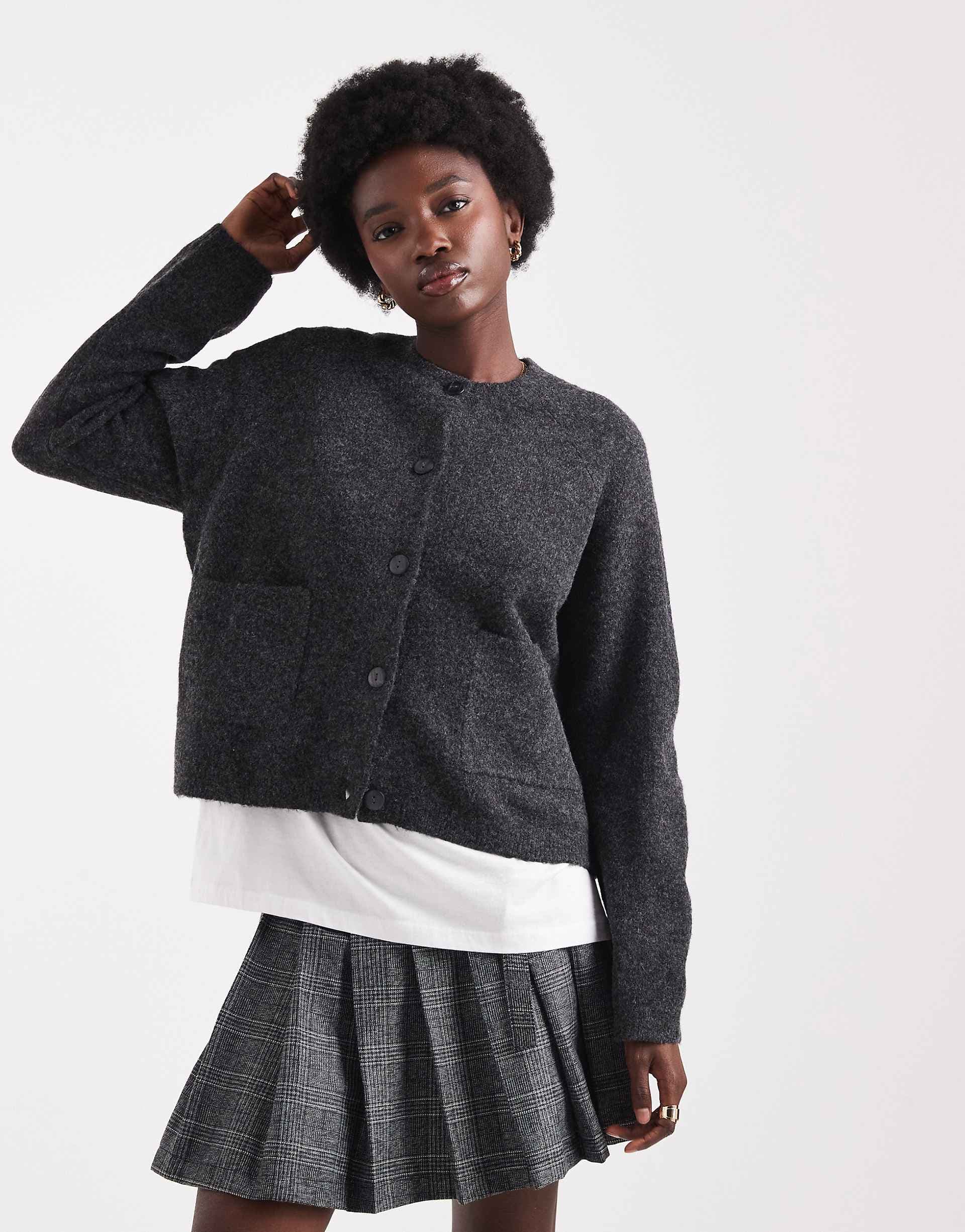 ONLY front pocket crew neck cardigan in dark gray