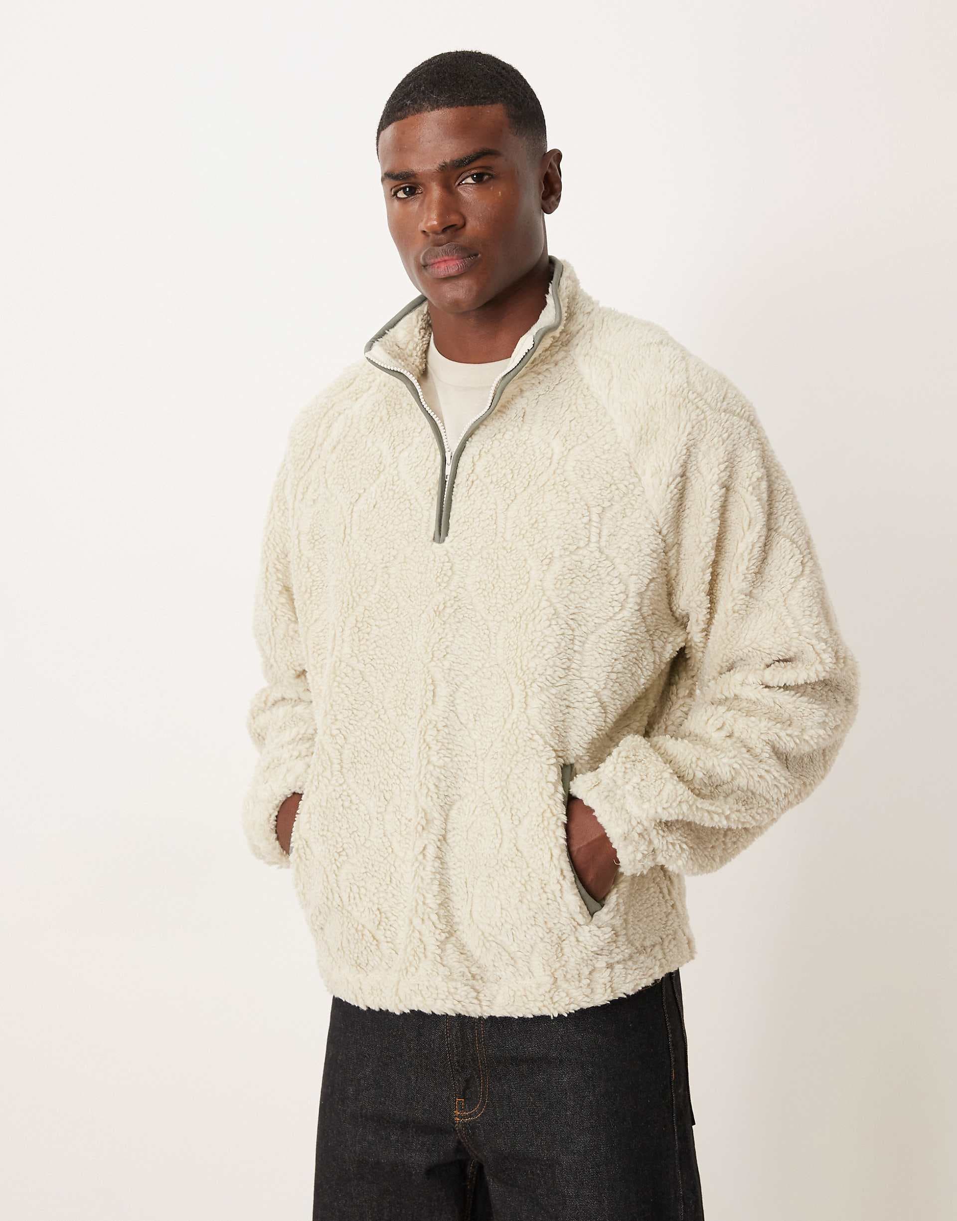 ASOS DESIGN relaxed teddy quarter zip sweatshirt in beige