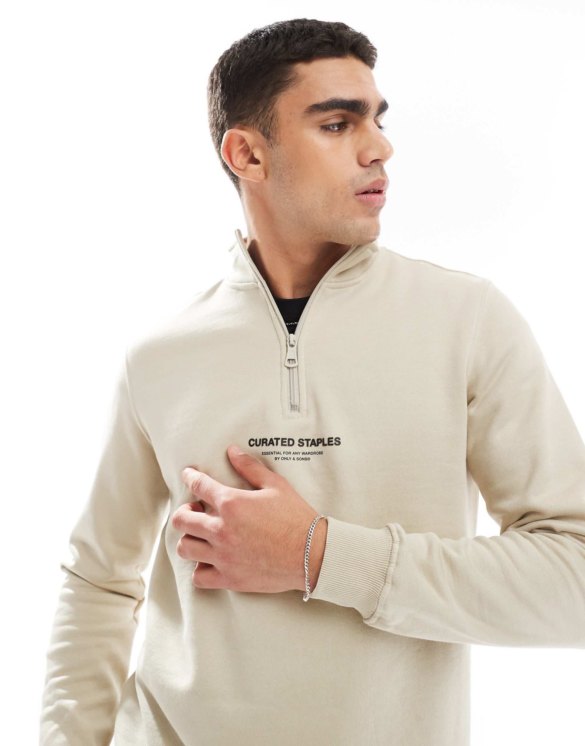 ONLY & SONS curated high neck 1/4 zip sweater in stone