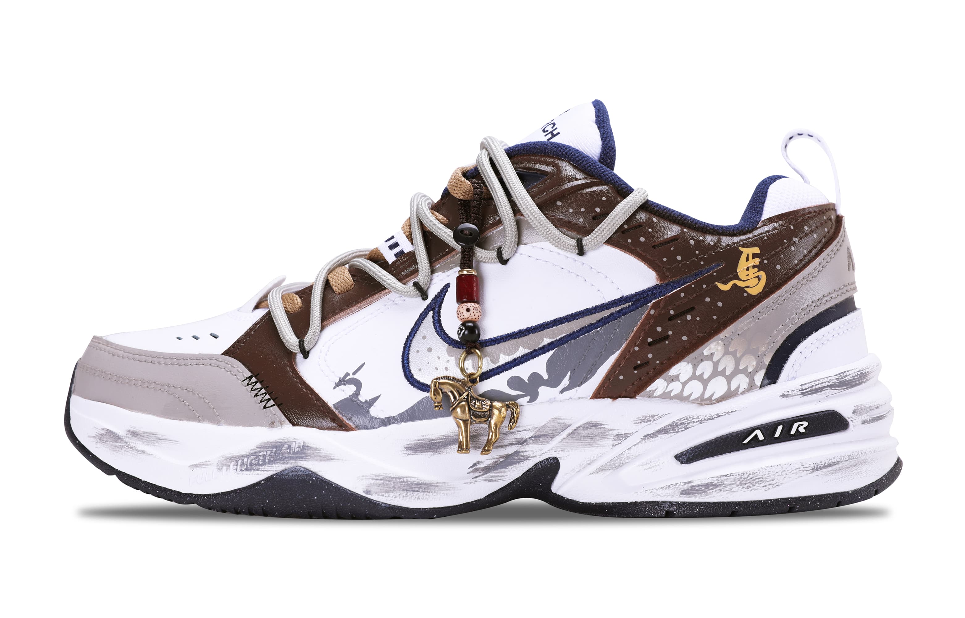 Custom Sneakers Nike Air Monarch 4 Painting New Art Noon Horse Welcomes New Year Year of the Horse Ink Splatter Hand-Painted Design Retro Tie-Dye Thick Sole Cushion Wear-Resistant Height-Increasing Low-Top Dad Shoes Unisex