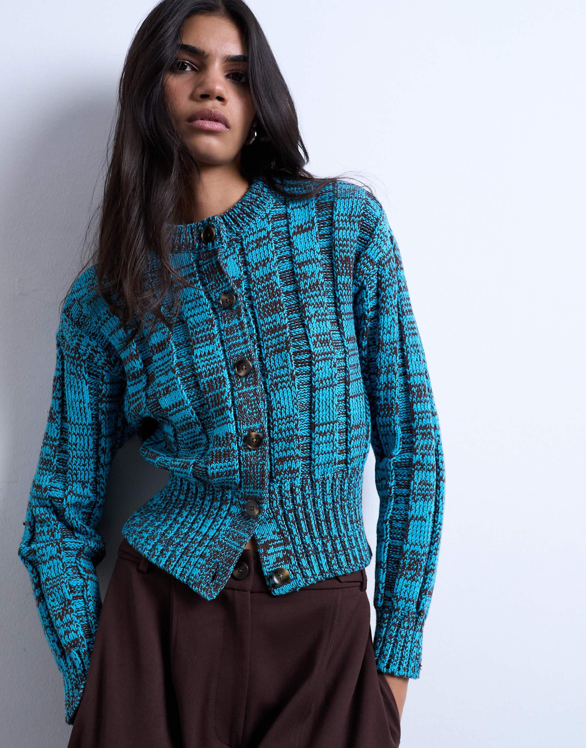 Topshop knit chunky cinch waist twist cardigan in blue and chocolate
