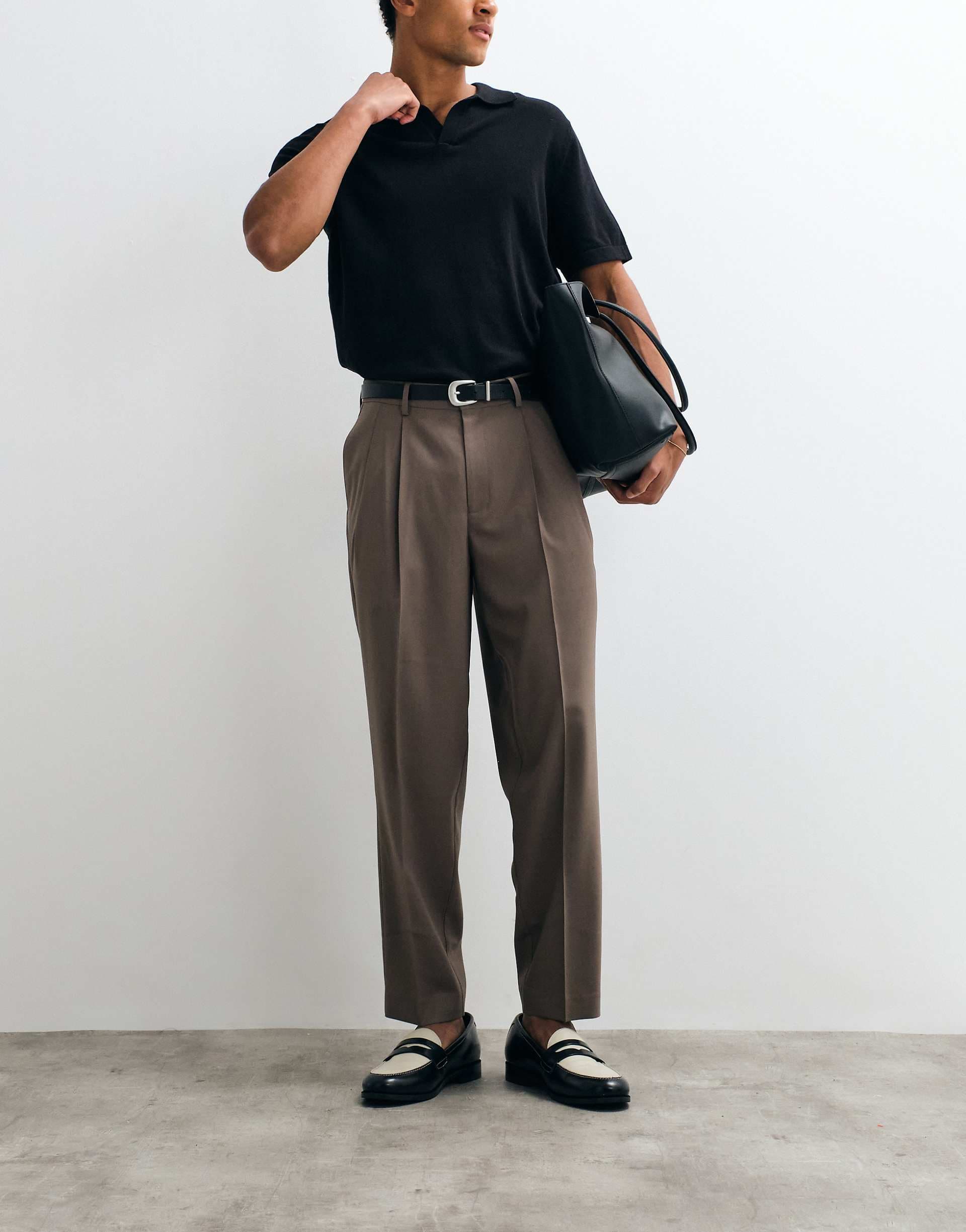 ASOS DESIGN summer wool oversized tapered pleated pants in brown