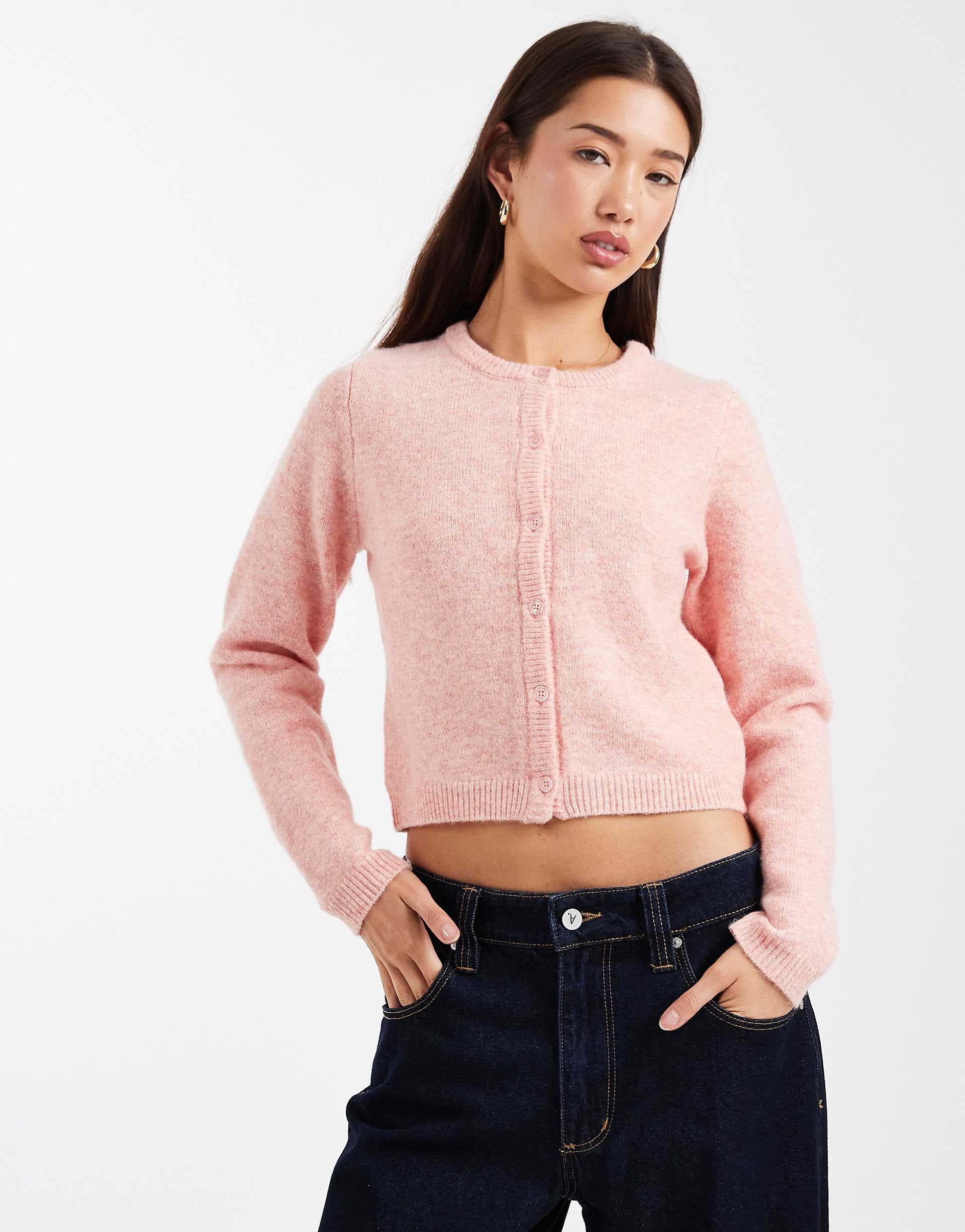 Brave Soul crew neck knit soft touch cardigan in peach