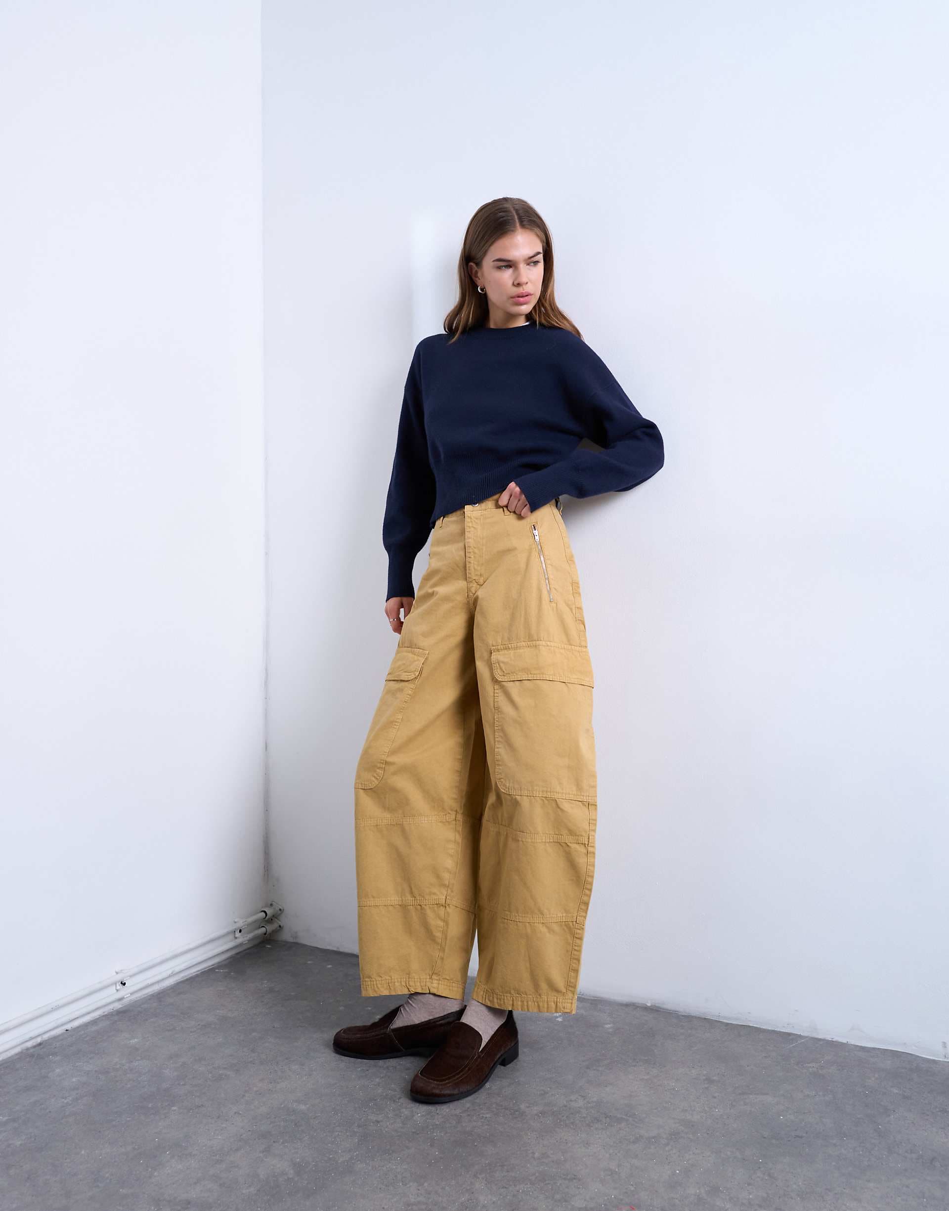 Topshop balloon cargo pants with zip and pocket details in camel