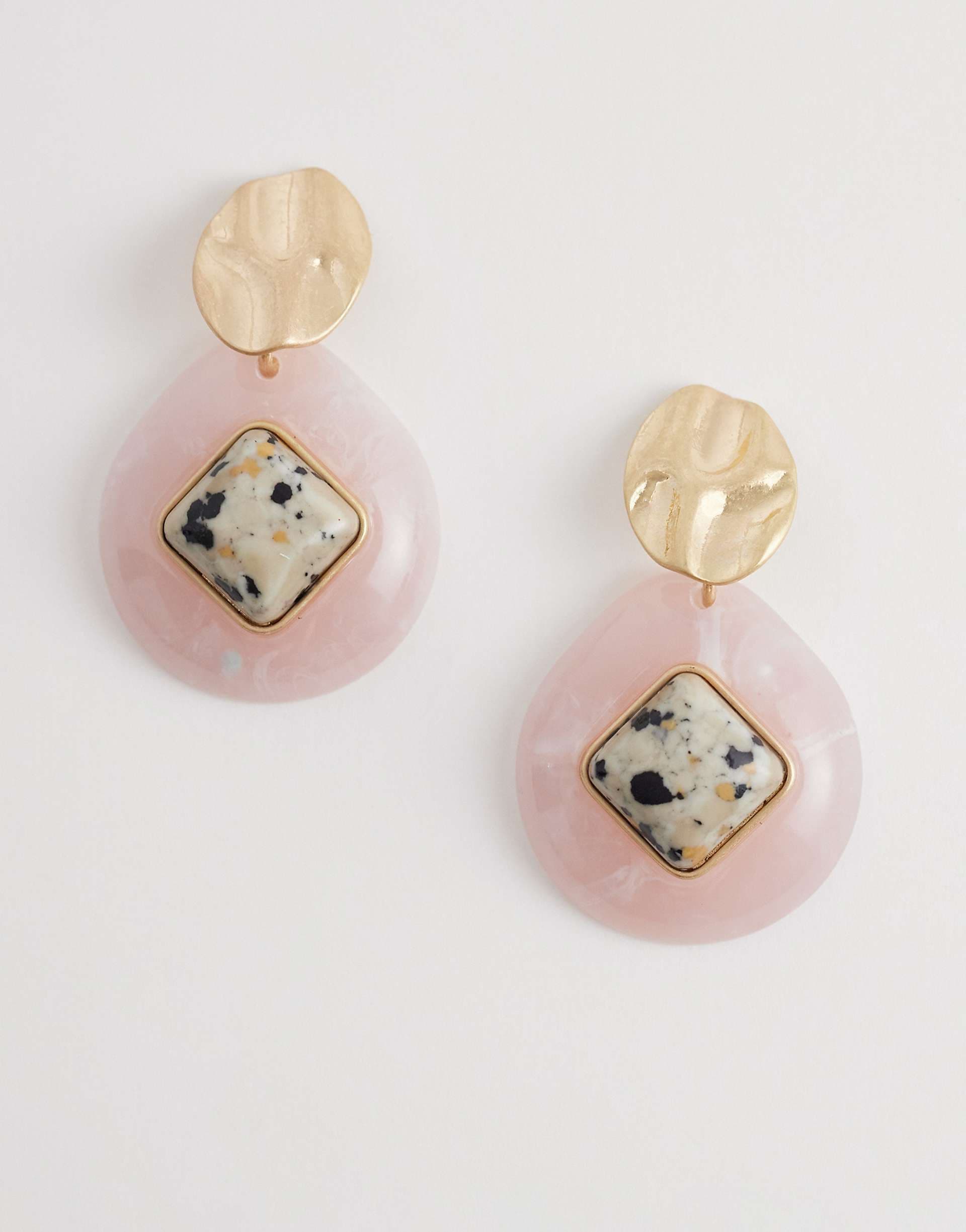 ASOS DESIGN stud earrings with pink resin and faux dalmatian jasper stones in brushed gold tone