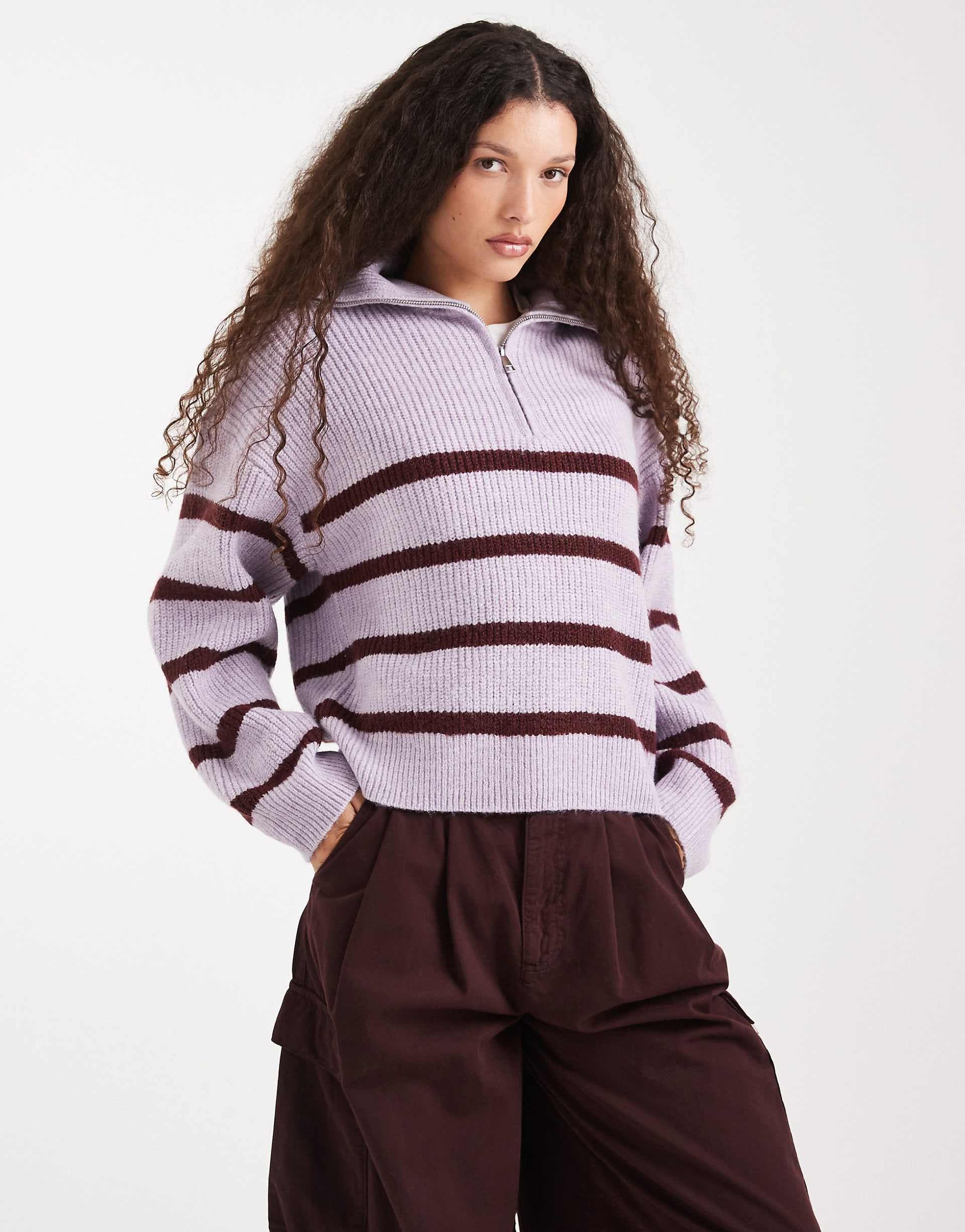 Cotton On luxe half zip sweater in lilac stripe