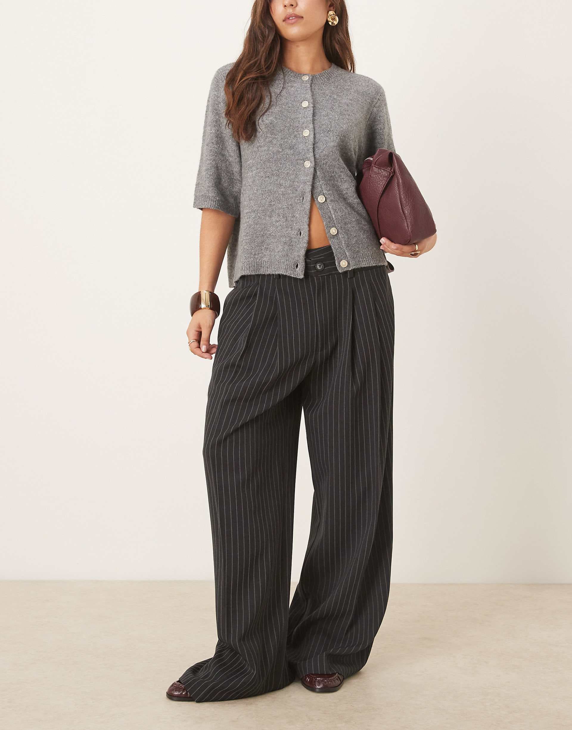 ASOS DESIGN tailoring low rise wide leg pants with asymmetric waistband in charcoal pinstripes