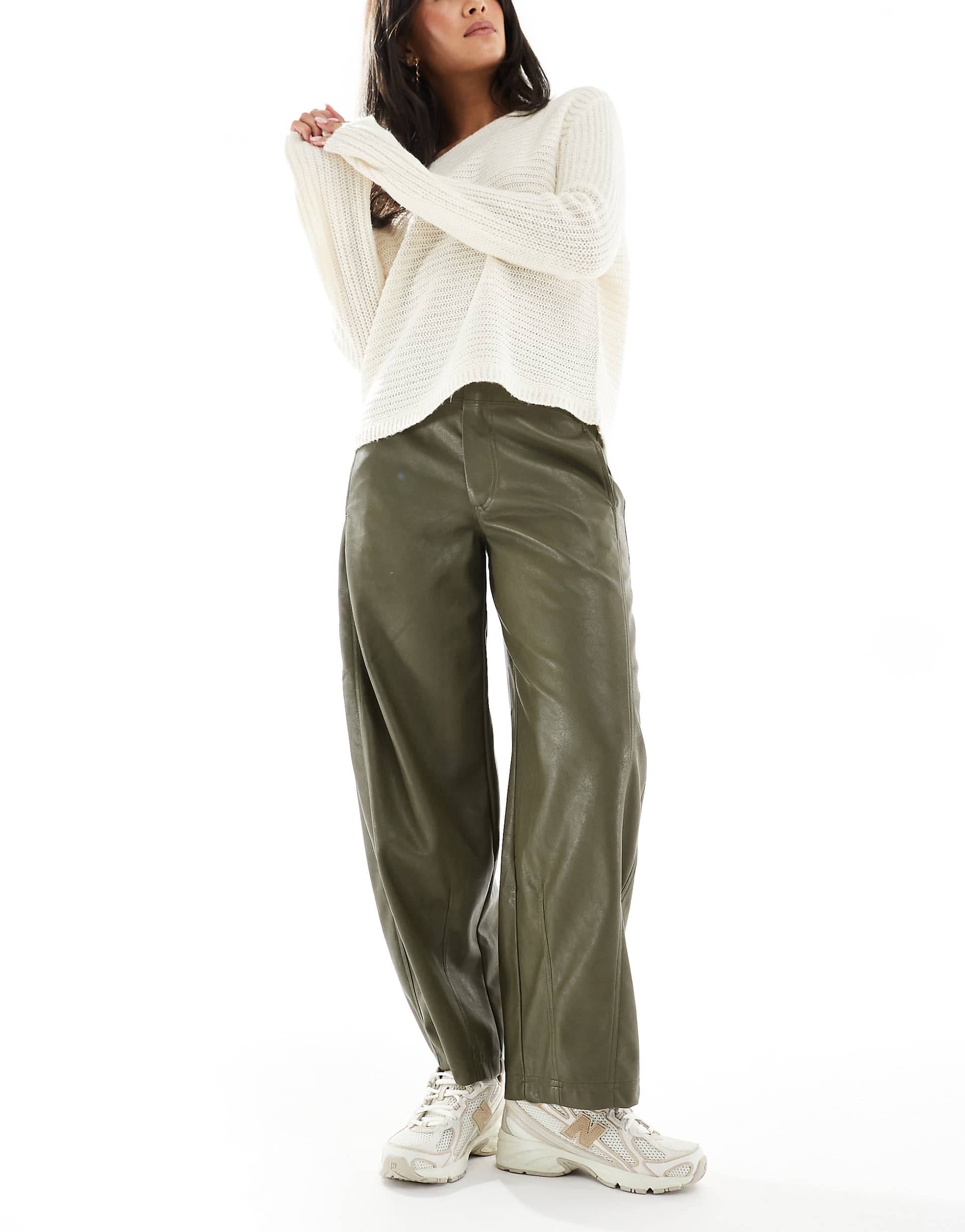 ASOS DESIGN faux leather barrel leg pants with seam detailing in khaki green