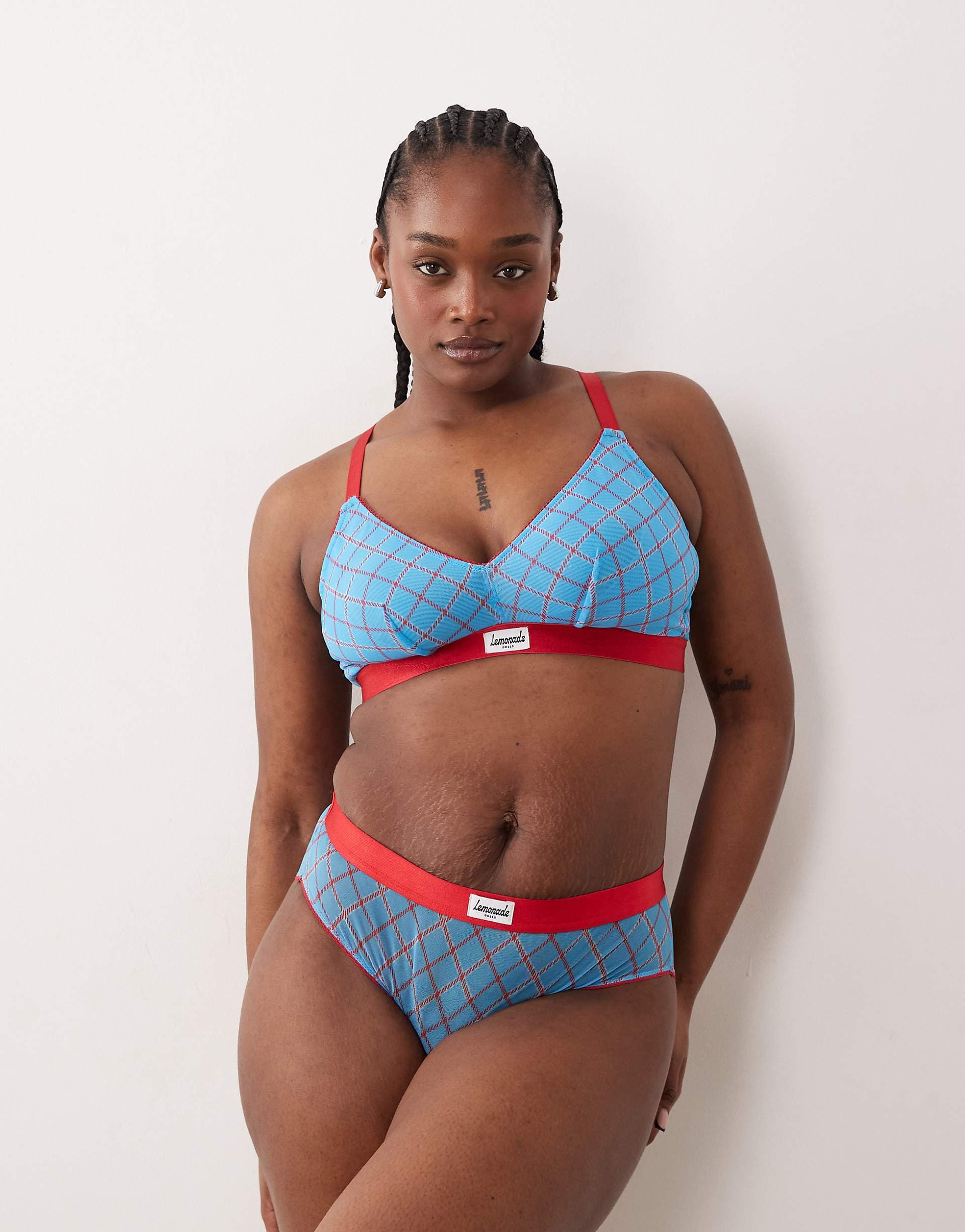 Lemonade Dolls Fuller Bust stretch mesh bralet in turquoise and red plaid