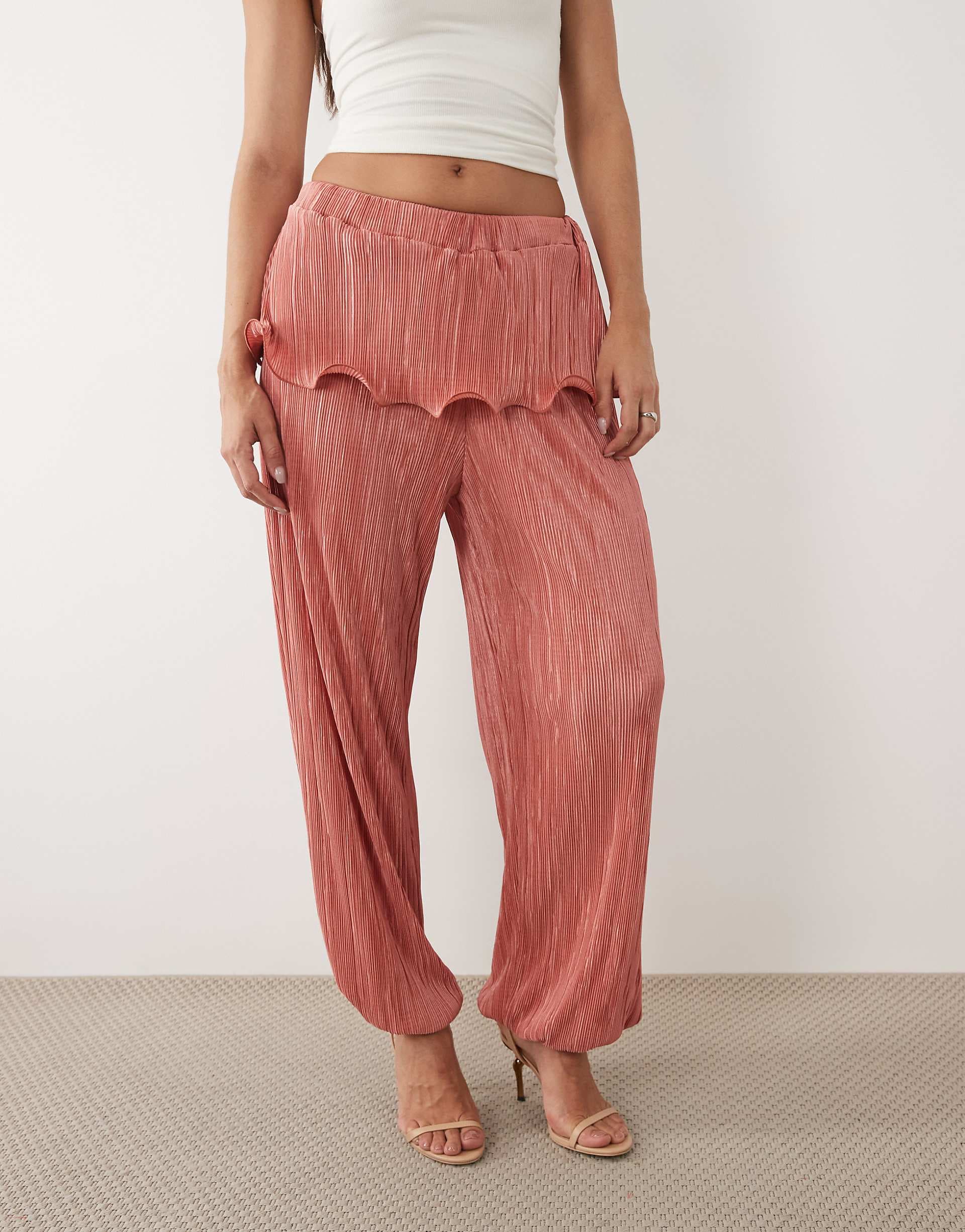 ASOS DESIGN plissé bubble pants with skirt overlay in coral
