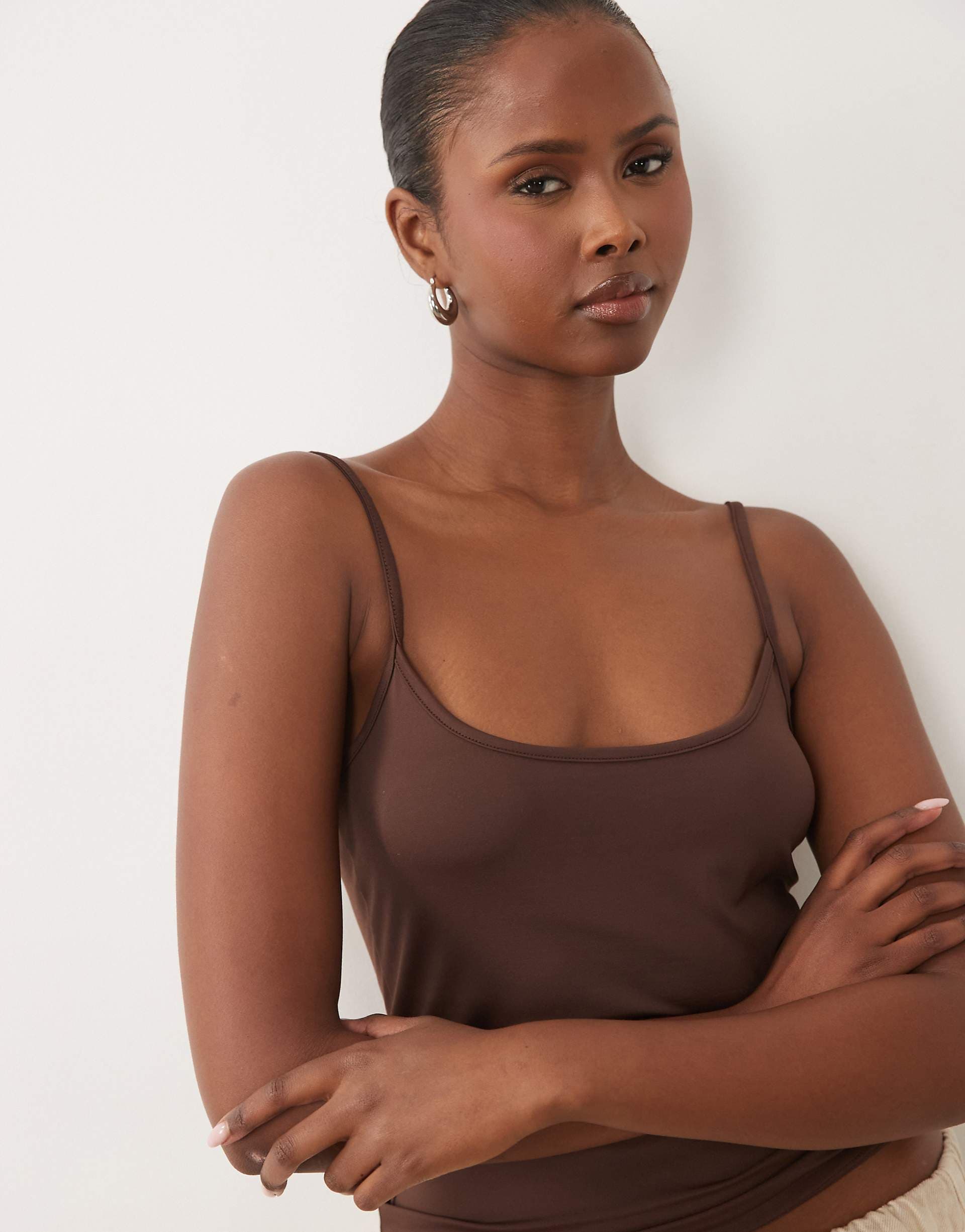 ASOS DESIGN breatheMAX™ polyamide scoop neck cami with elastic straps in chocolate