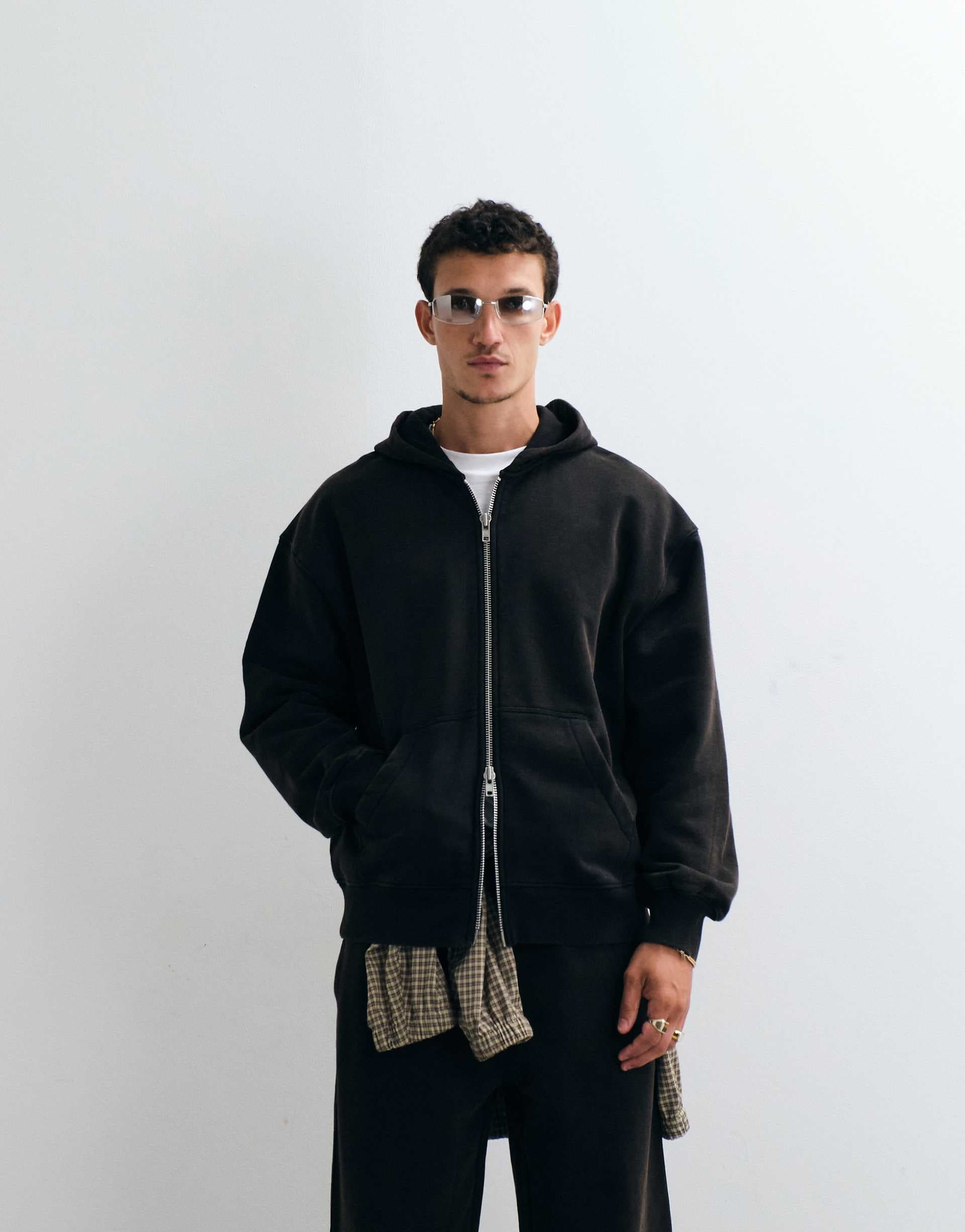 ASOS DESIGN premium heavyweight oversized washed zip up hoodie in black