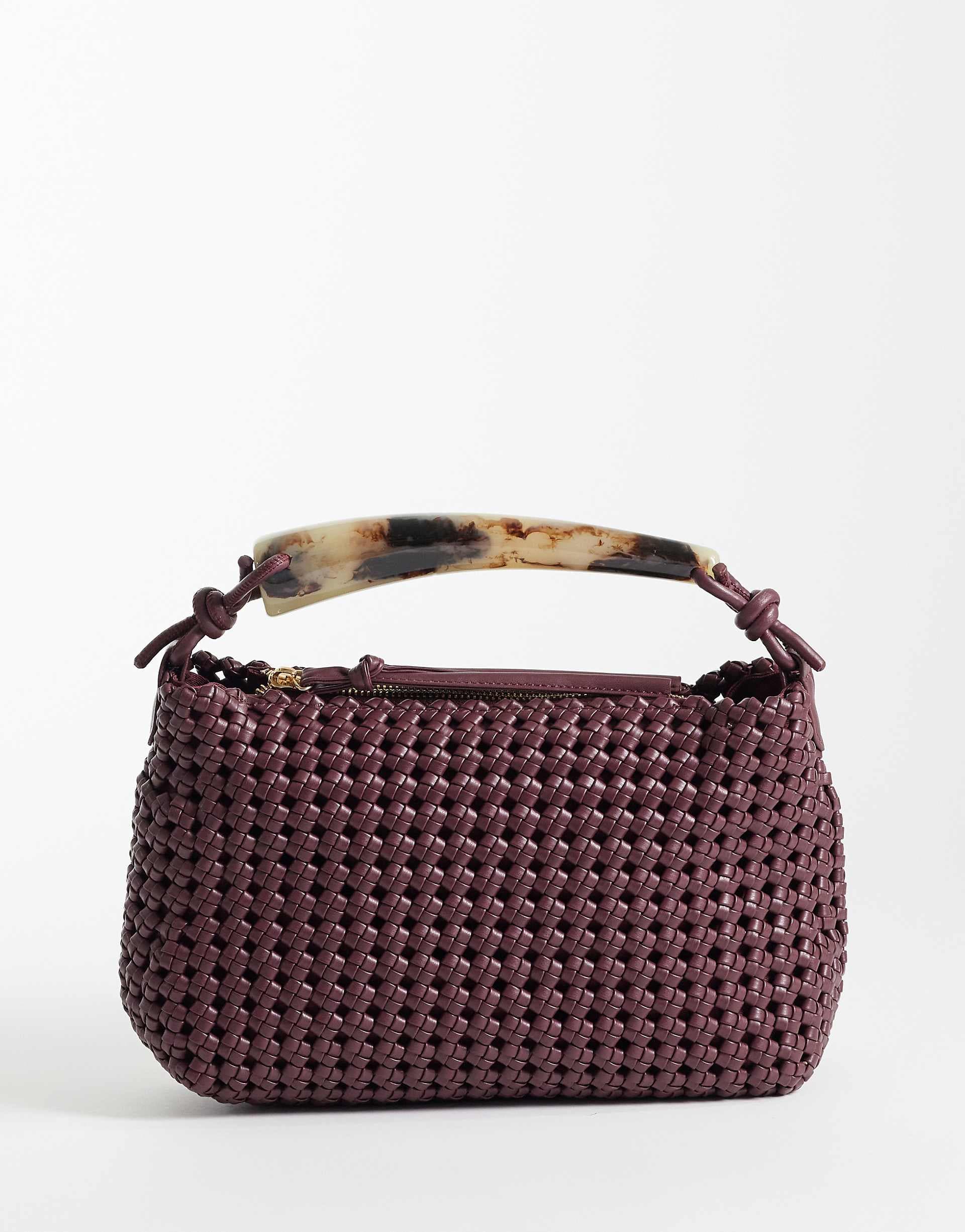 ASOS DESIGN weave clutch bag with resin handle in burgundy
