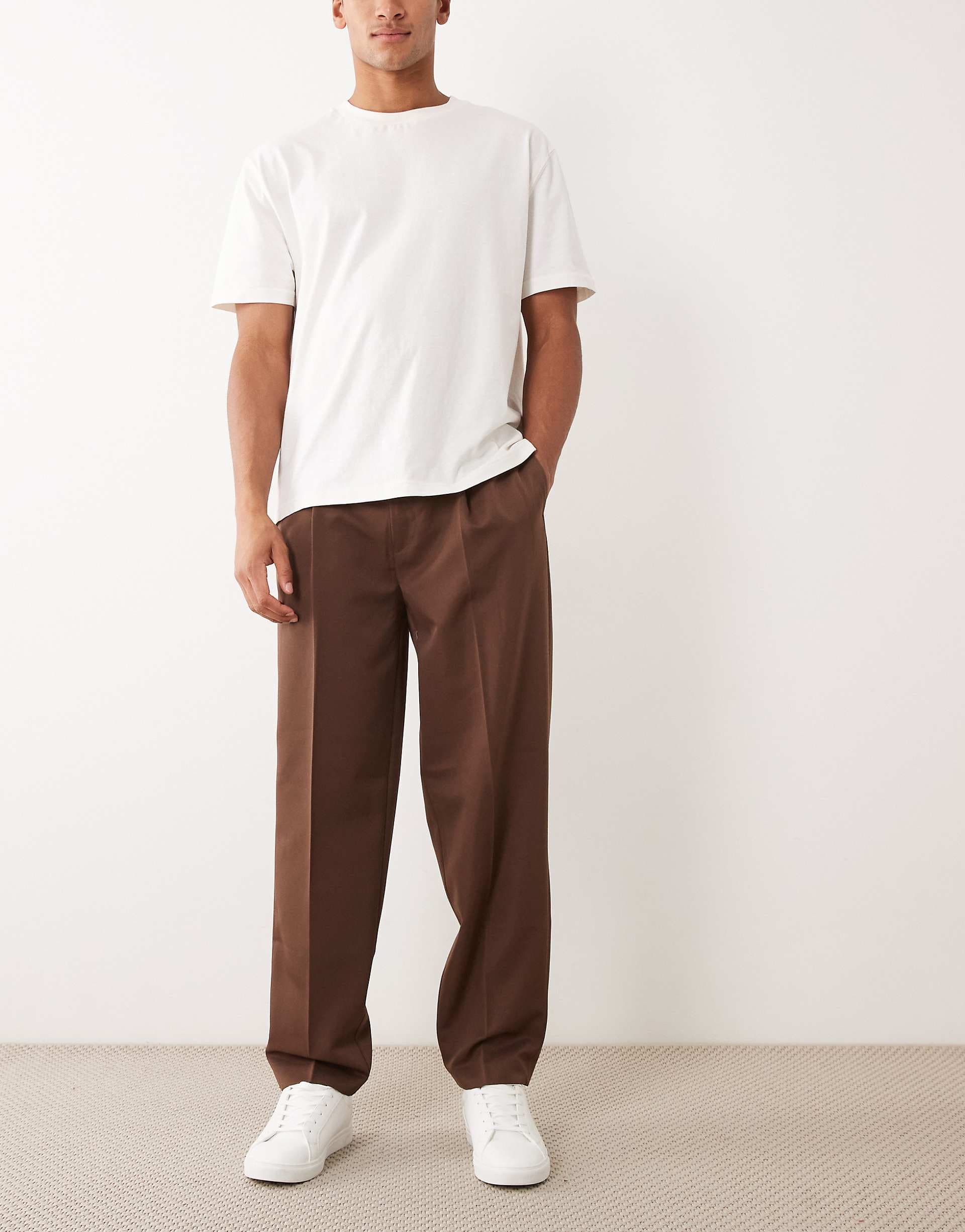 ASOS DESIGN smart pleated oversized tapered pants in dark brown