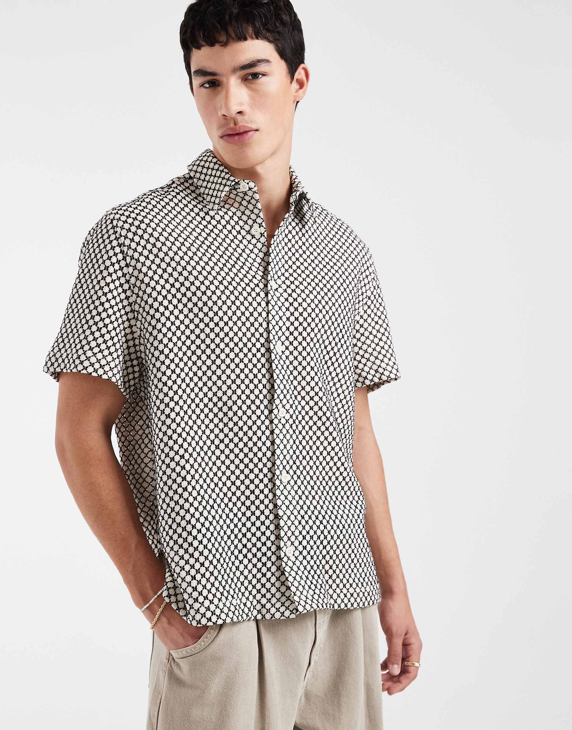 ASOS DESIGN relaxed crochet shirt in black and cream