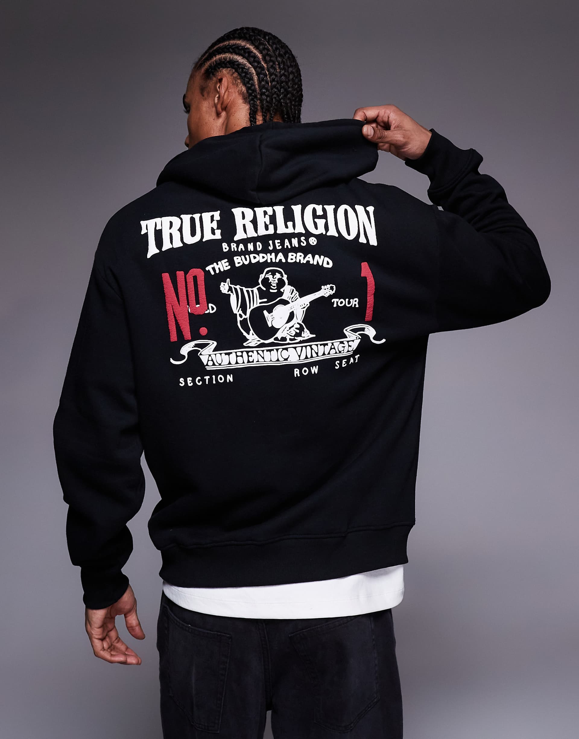 True Religion zip up logo hoodie with back print in black