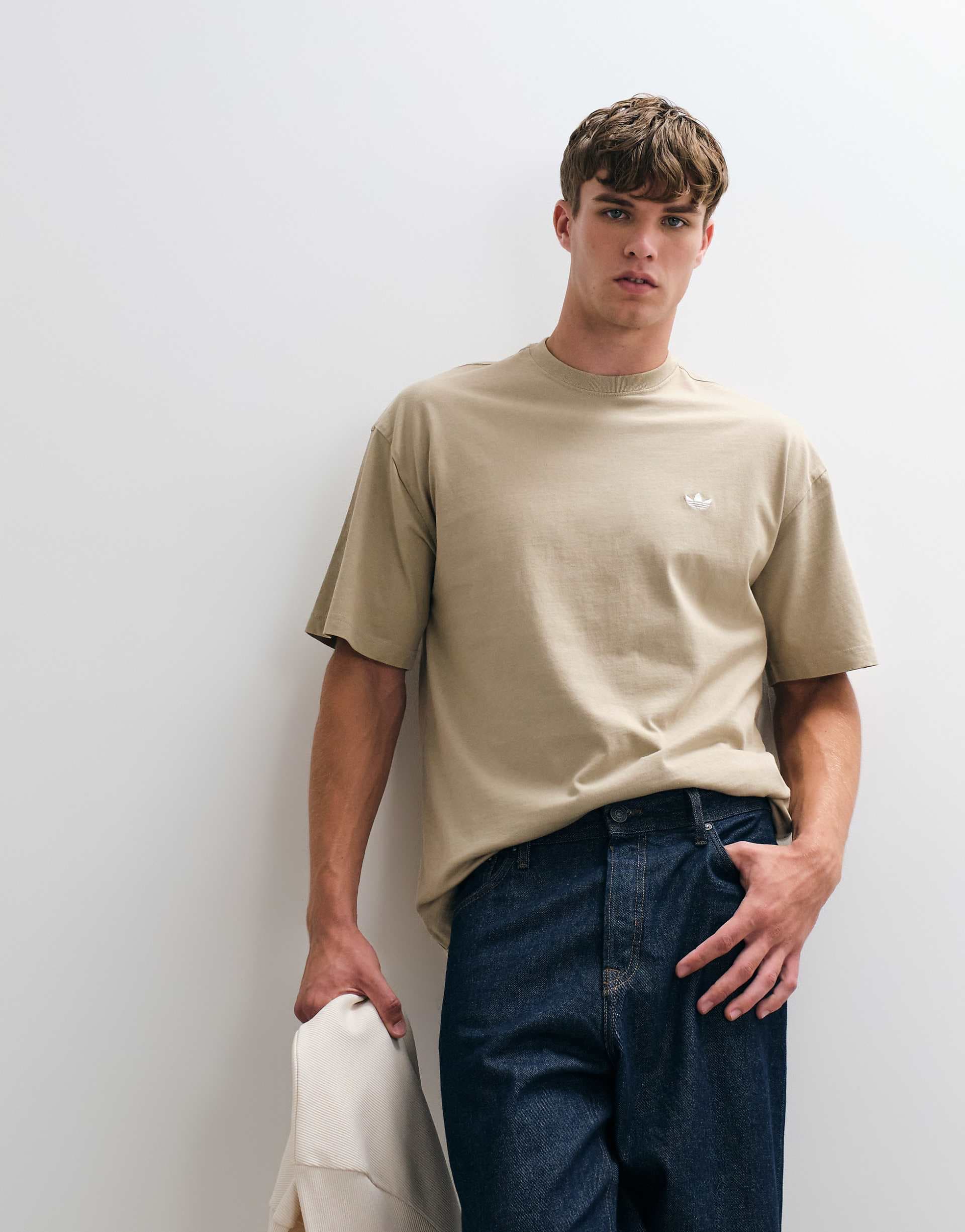 adidas Essentials three stripe T-shirt in washed khaki