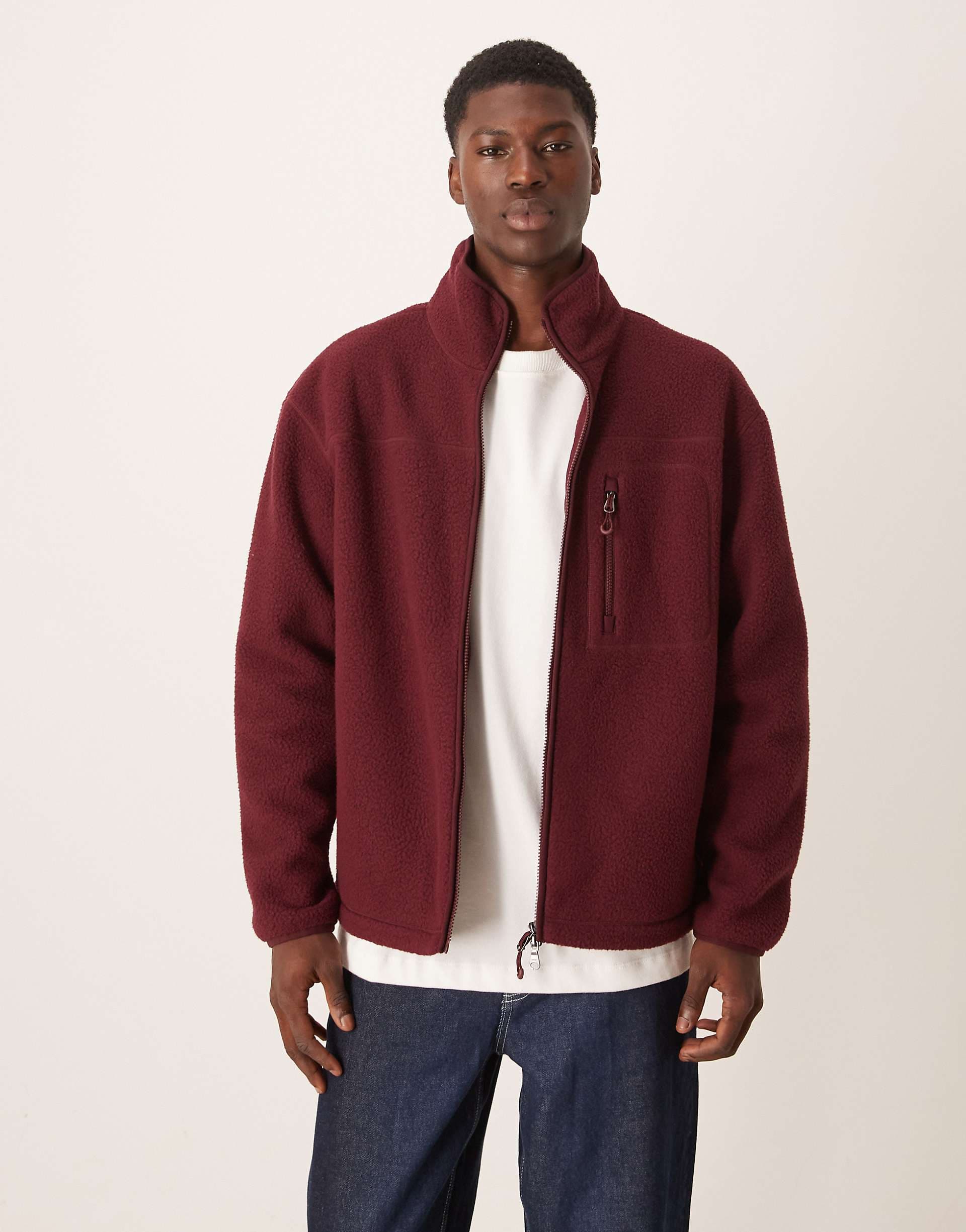 ARKET fleece pile jacket with two-way zip and front pocket in burgundy