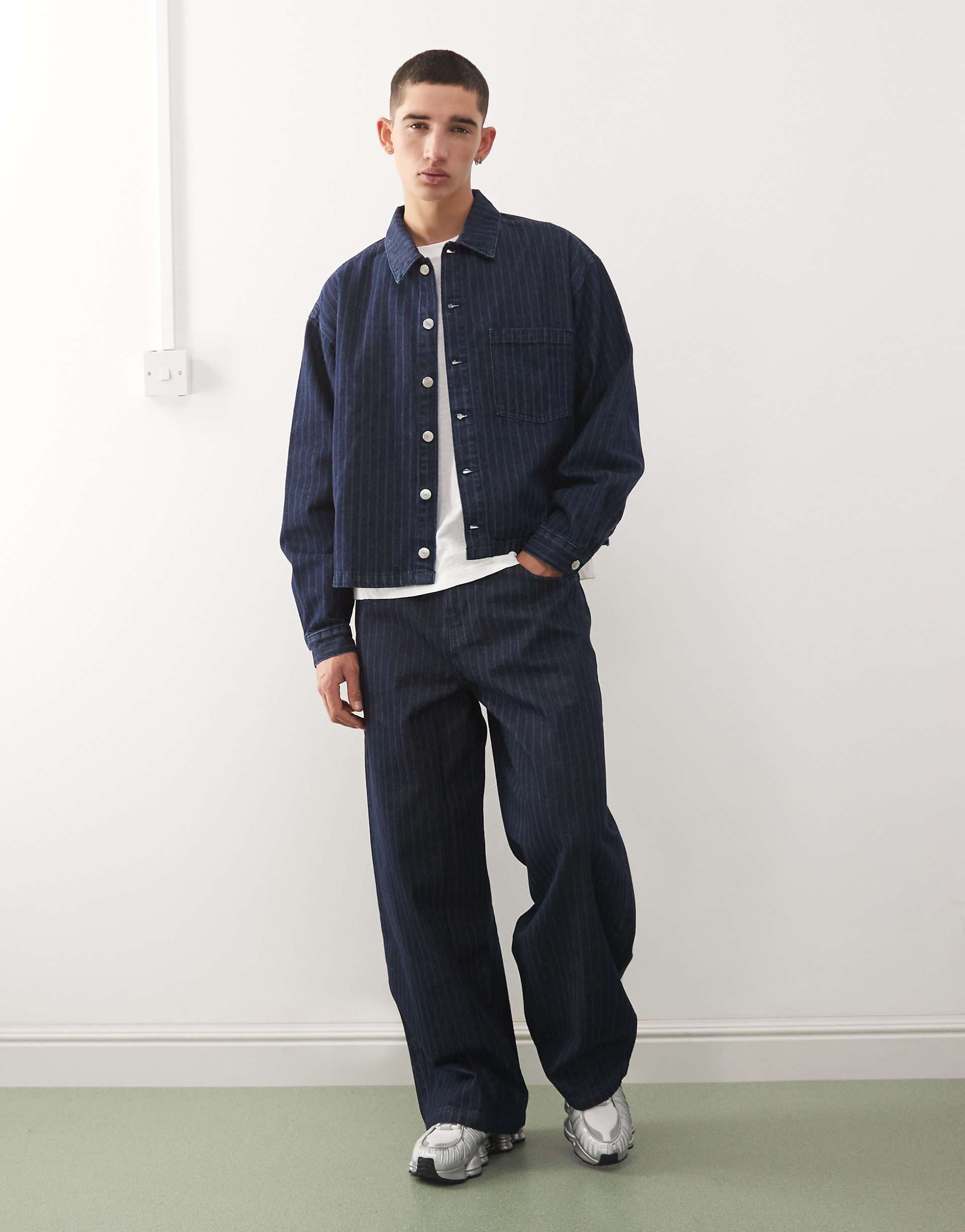 Reclaimed Vintage baggy wide leg jeans in blue pinstripes - part of a set