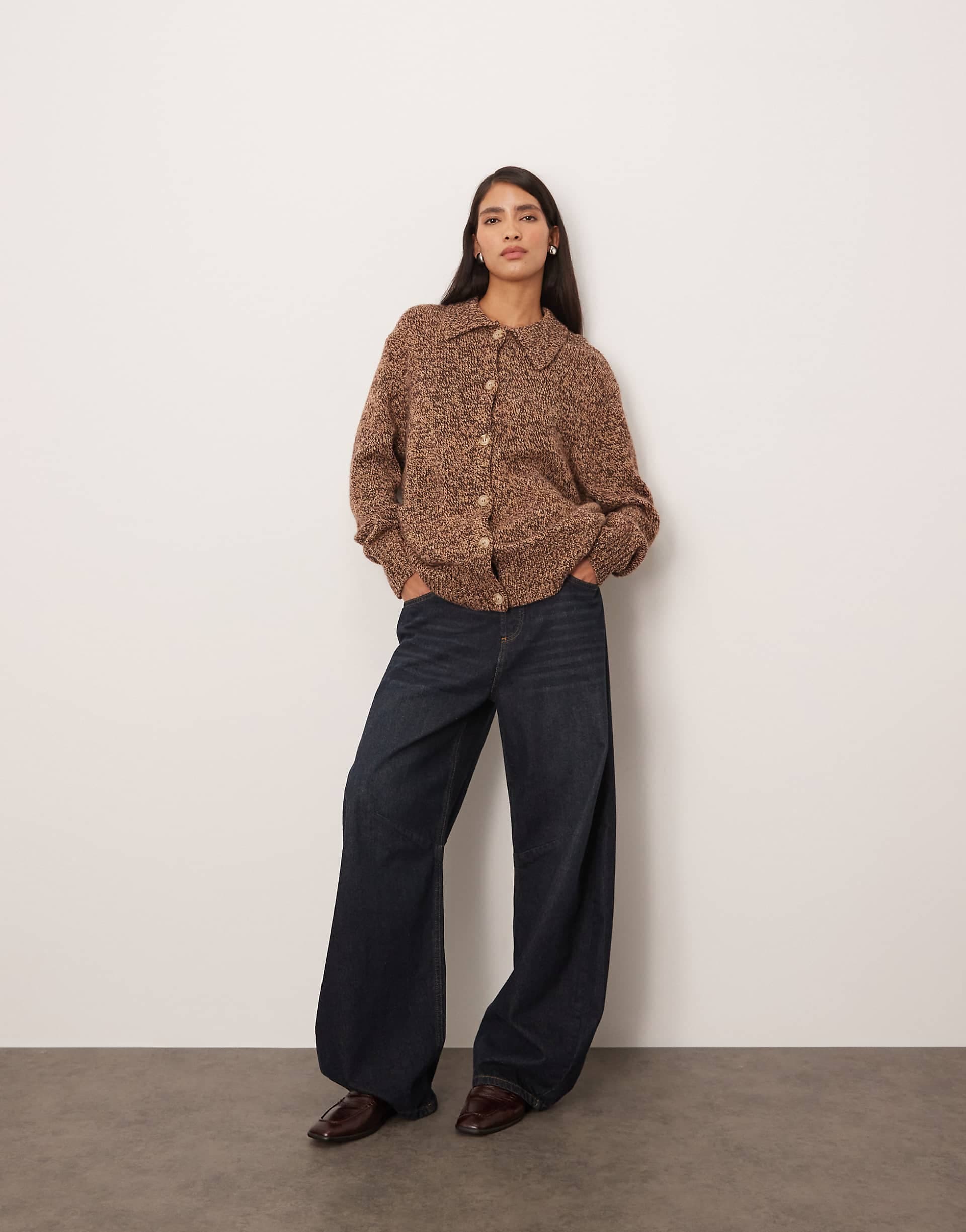 ARRANGE heather knit merino rich boyfriend cardigan in light chocolate