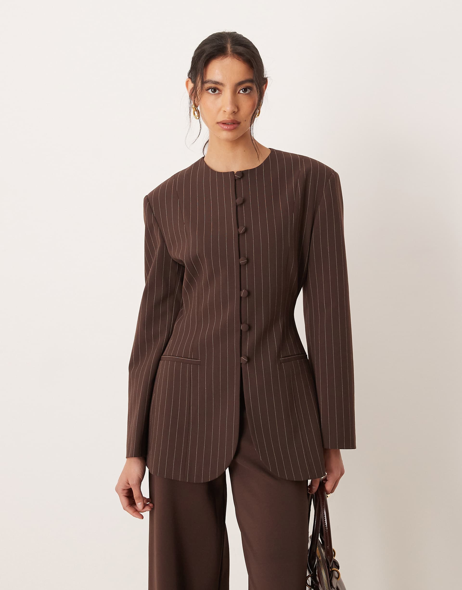 ASOS DESIGN slim fit high neck blazer in chocolate brown
