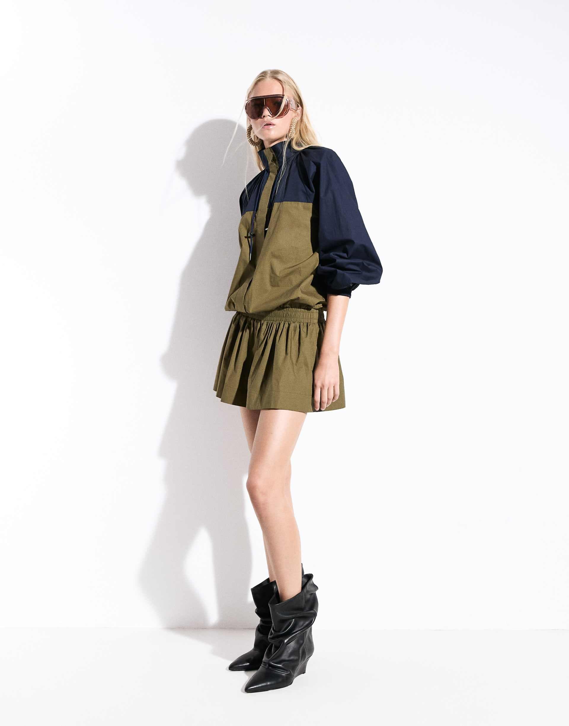 ASOS DESIGN ruffle neck mini track dress in navy and olive color block