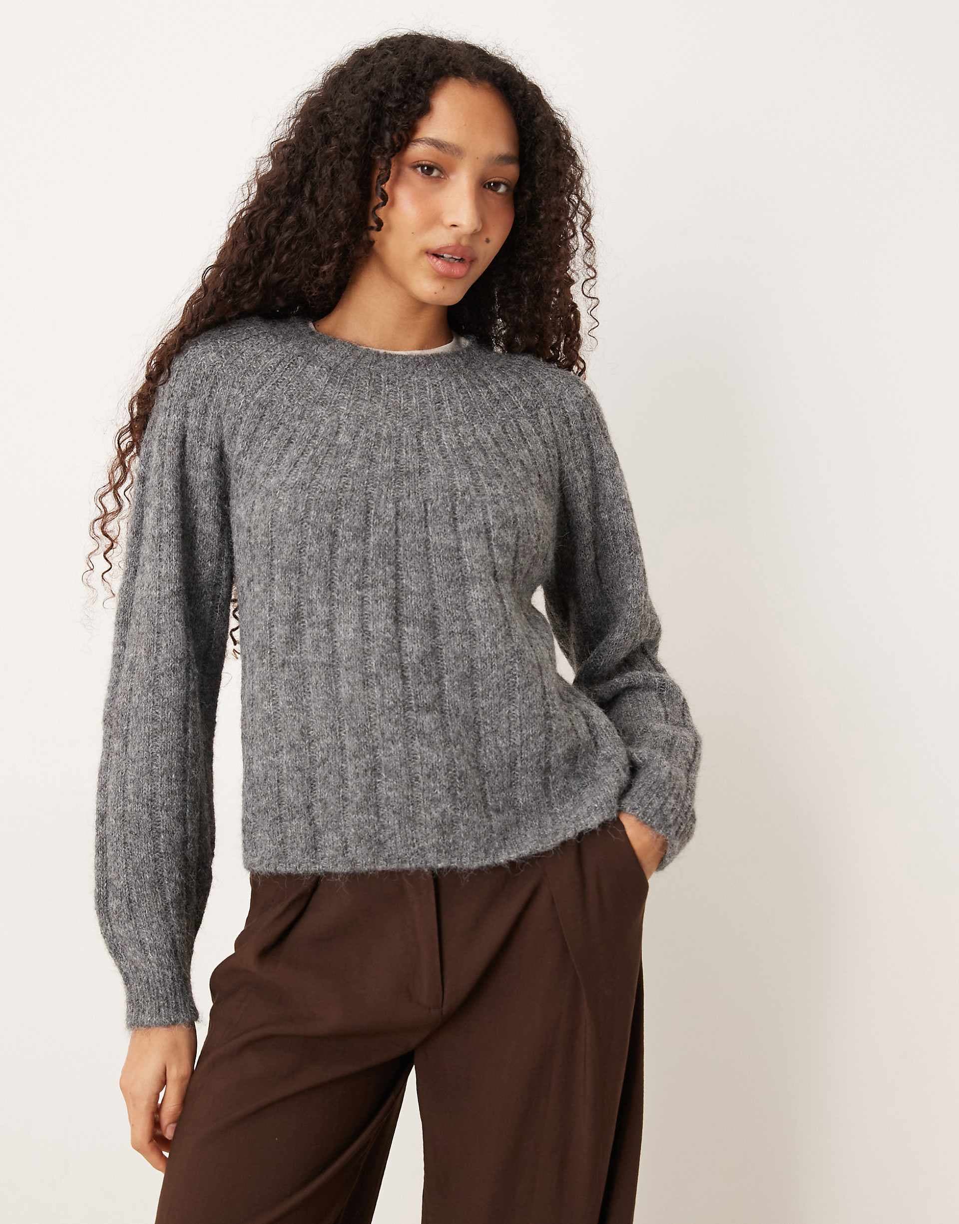 AWARE chunky wide rib detail hairy texture sweater in gray melange