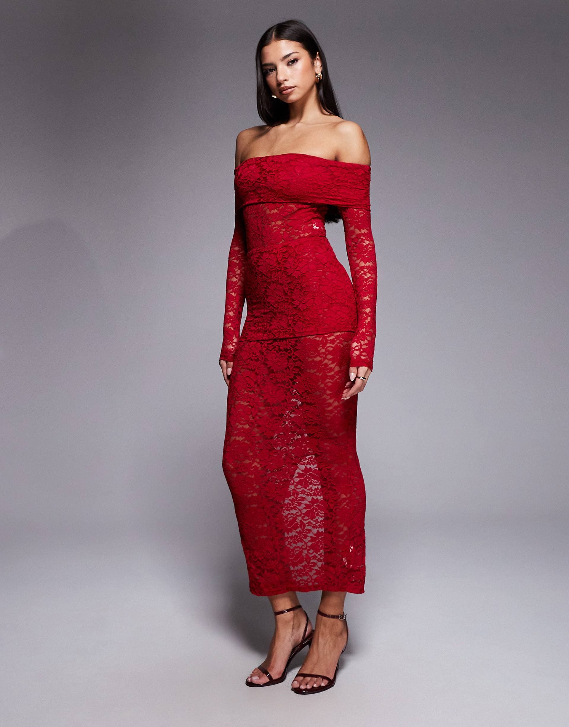 Murci exclusive sheer lace bardot bodysuit and foldover waist maxi skirt set in red