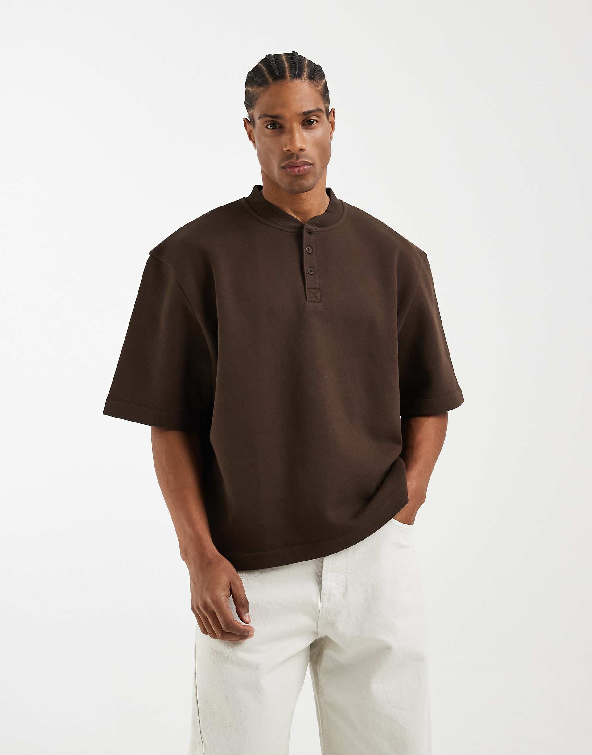 ASOS DESIGN relaxed henley sweatshirt with 3/4 sleeve in brown
