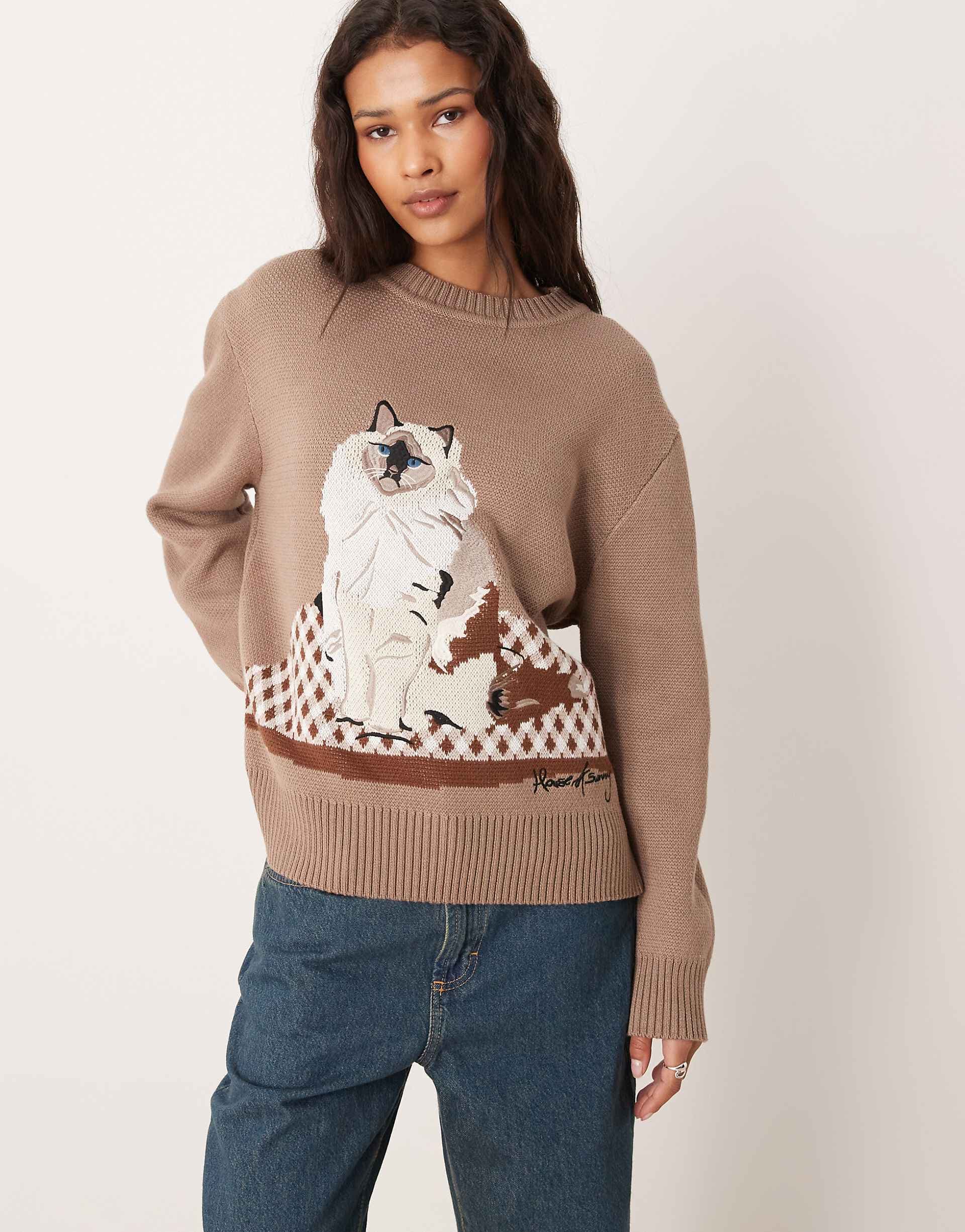 House of Sunny ragdoll cat crew neck sweater in taupe
