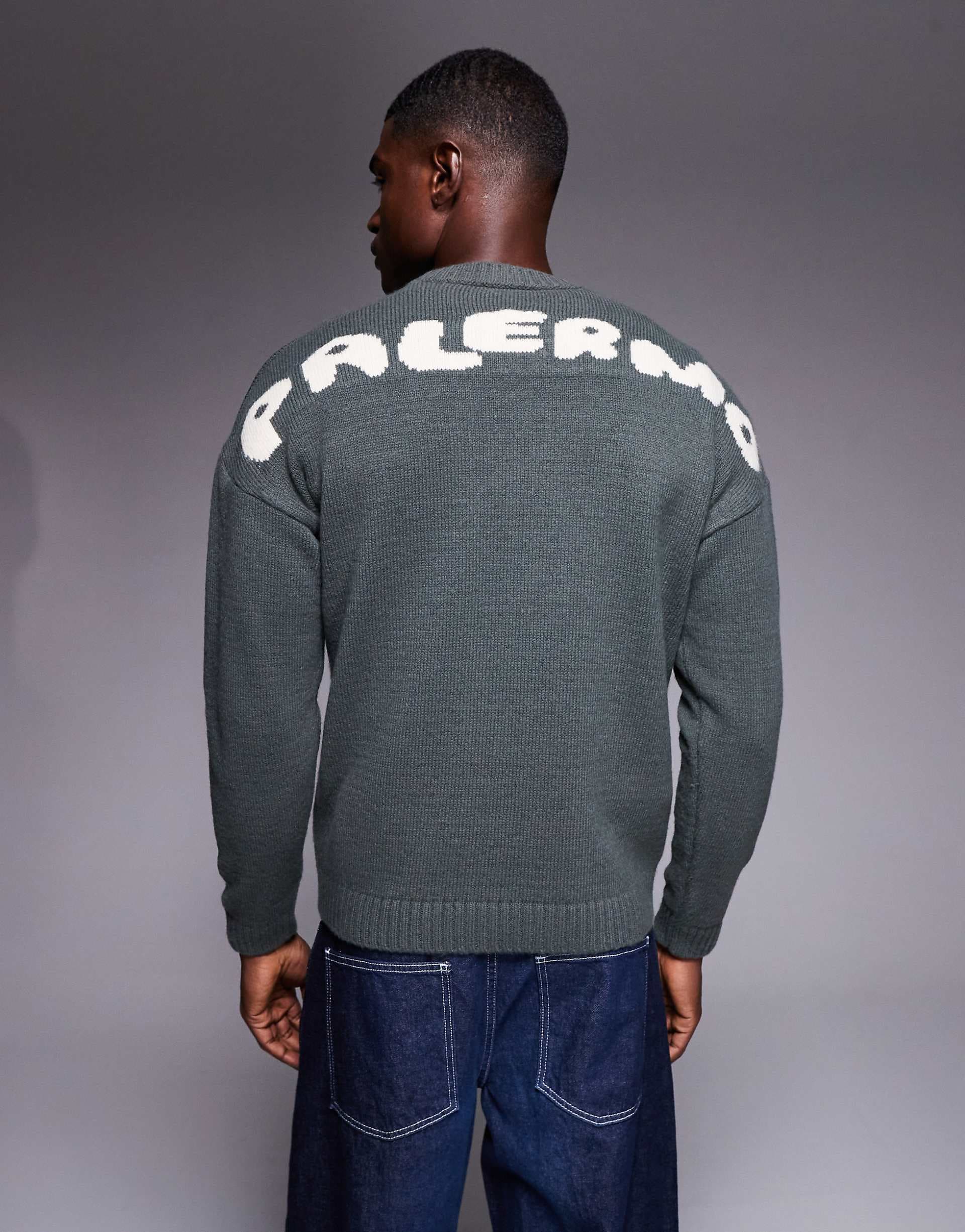 ASOS DESIGN oversized knit crew neck sweater with Palermo back print in charcoal