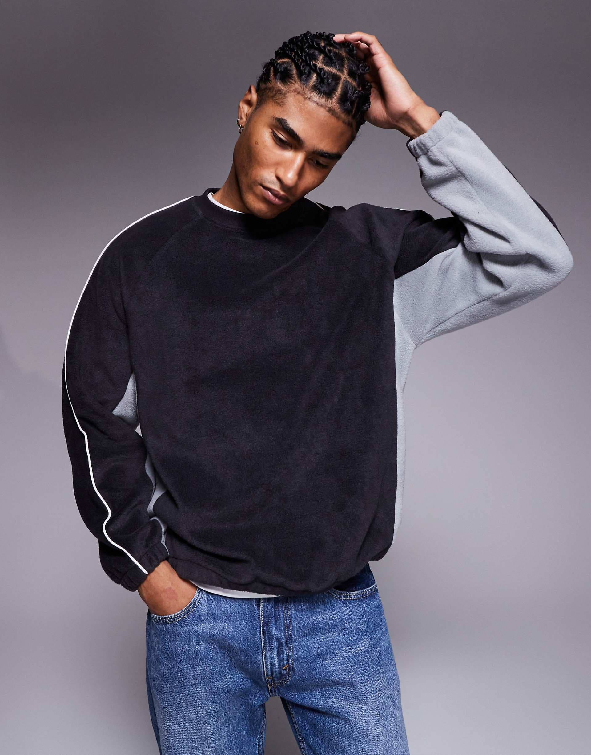 ASOS DESIGN relaxed fleece sweatshirt with piping and color block in gray