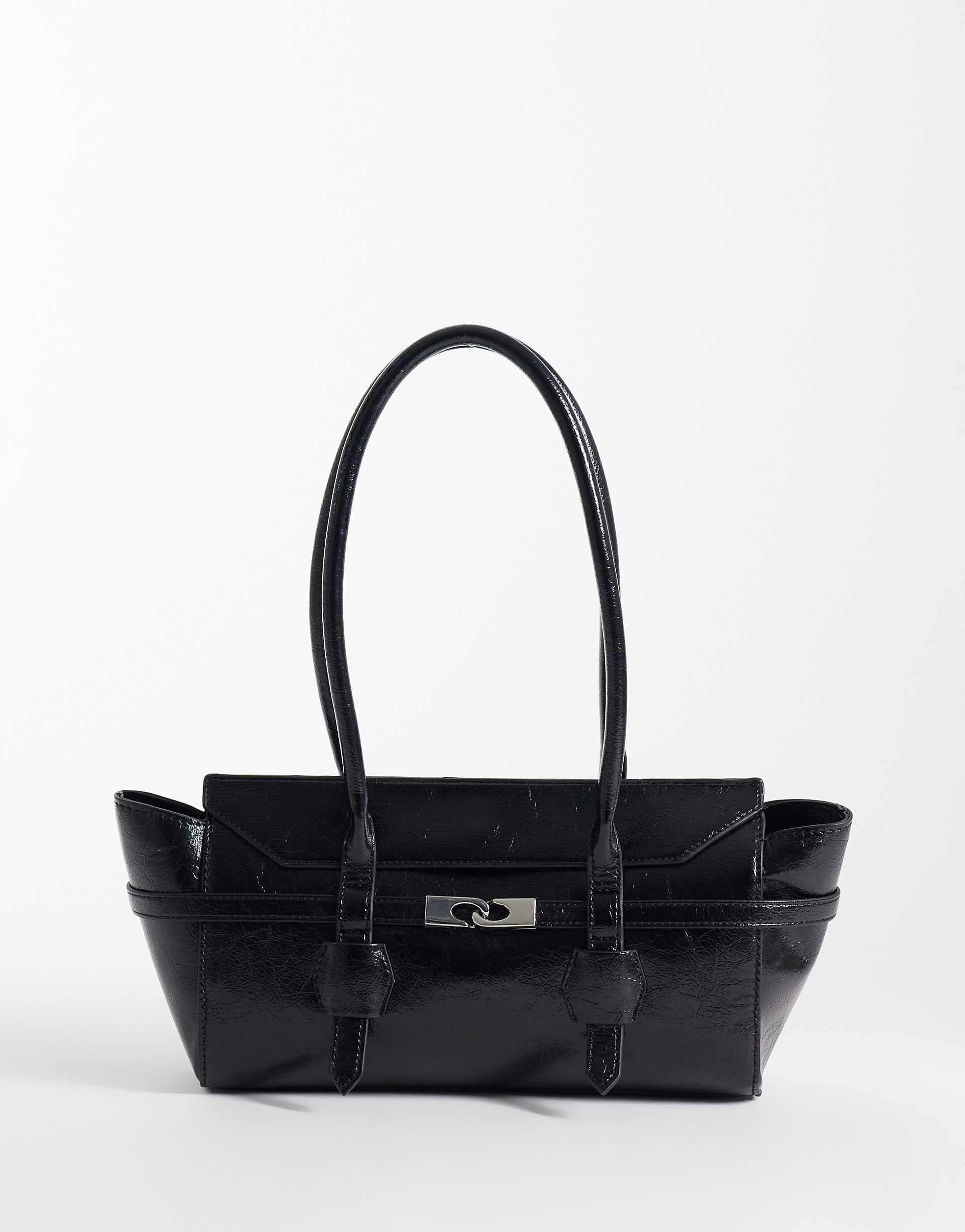 ASOS DESIGN lock detail belted shoulder tote bag in black