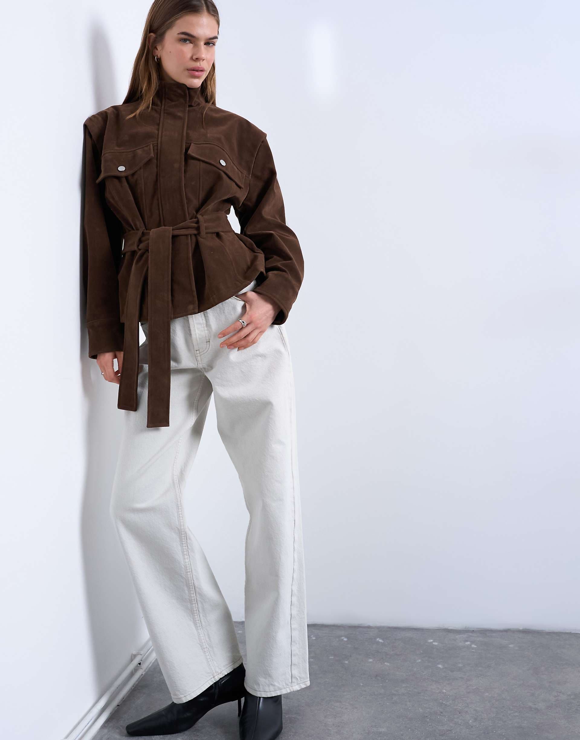 Topshop faux suede low belted funnel neck jacket in brown