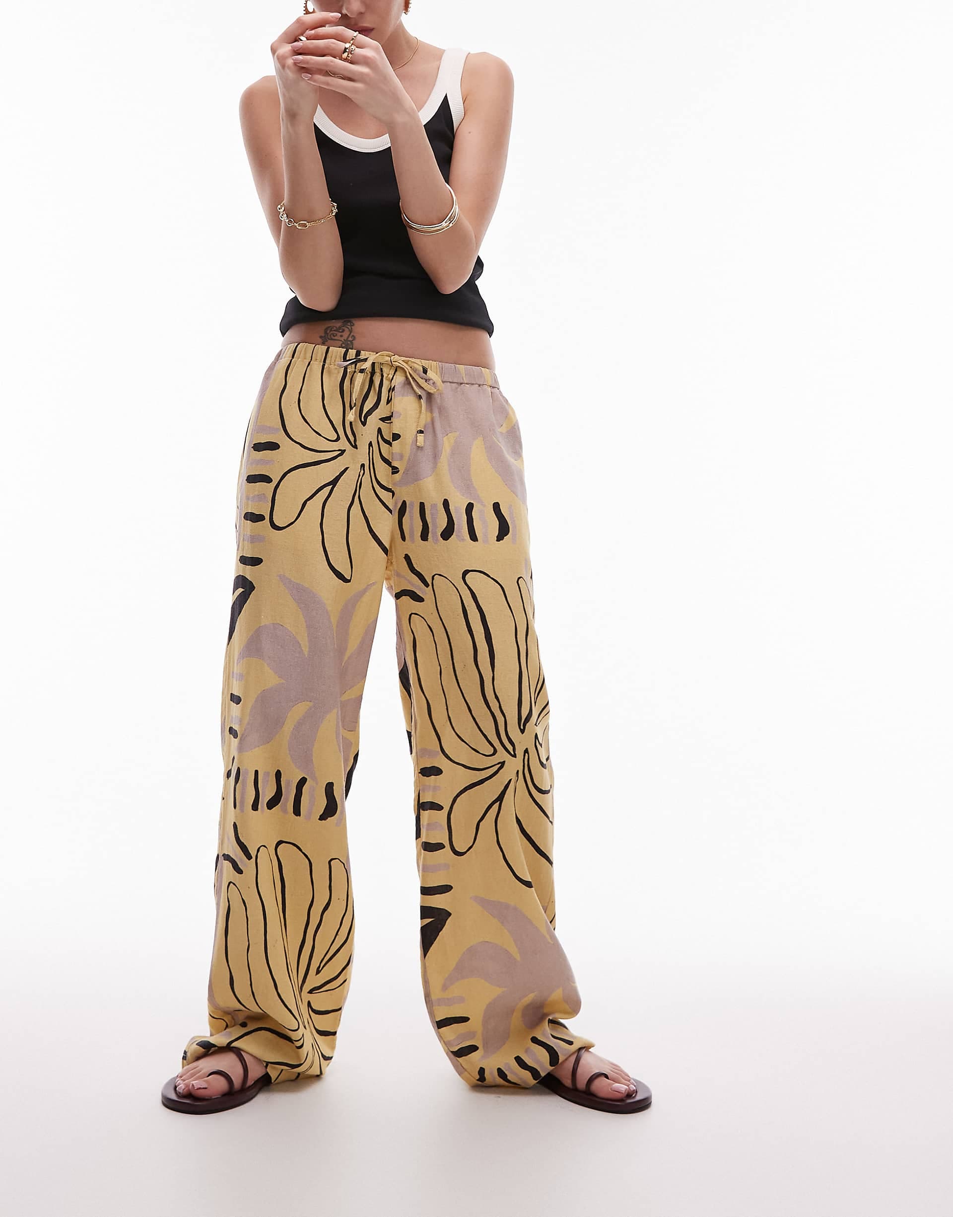 Topshop linen straight leg buttermilk abstract print pants in mono