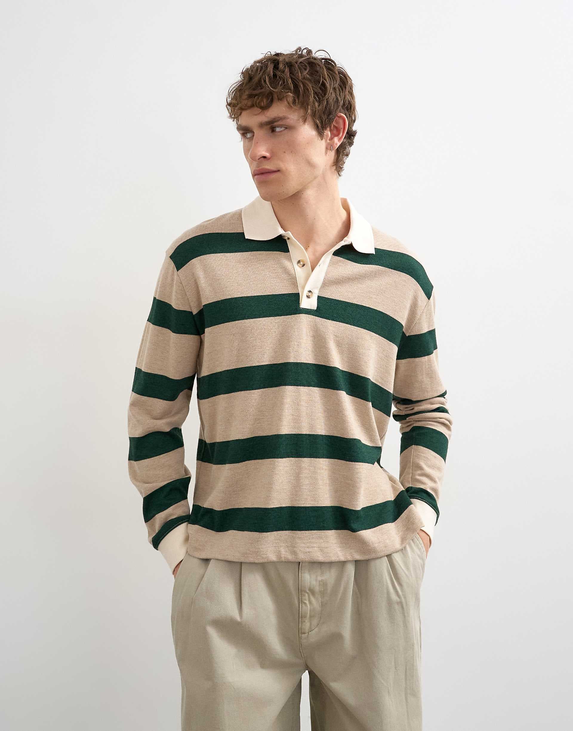 Topman relaxed cropped long sleeve rugby polo in stone and green