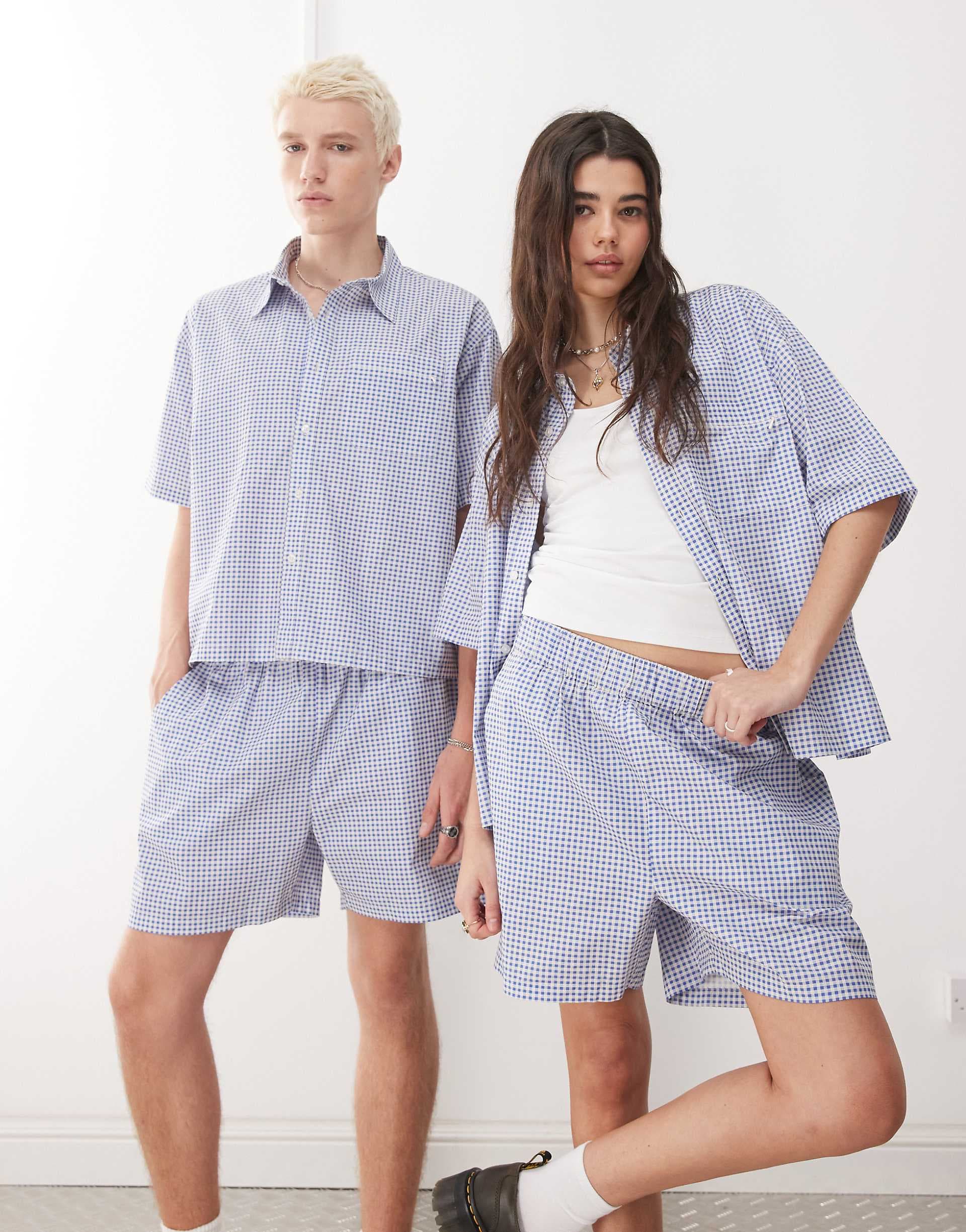 Reclaimed Vintage Unisex boxy pull on shorts in blue and white gingham