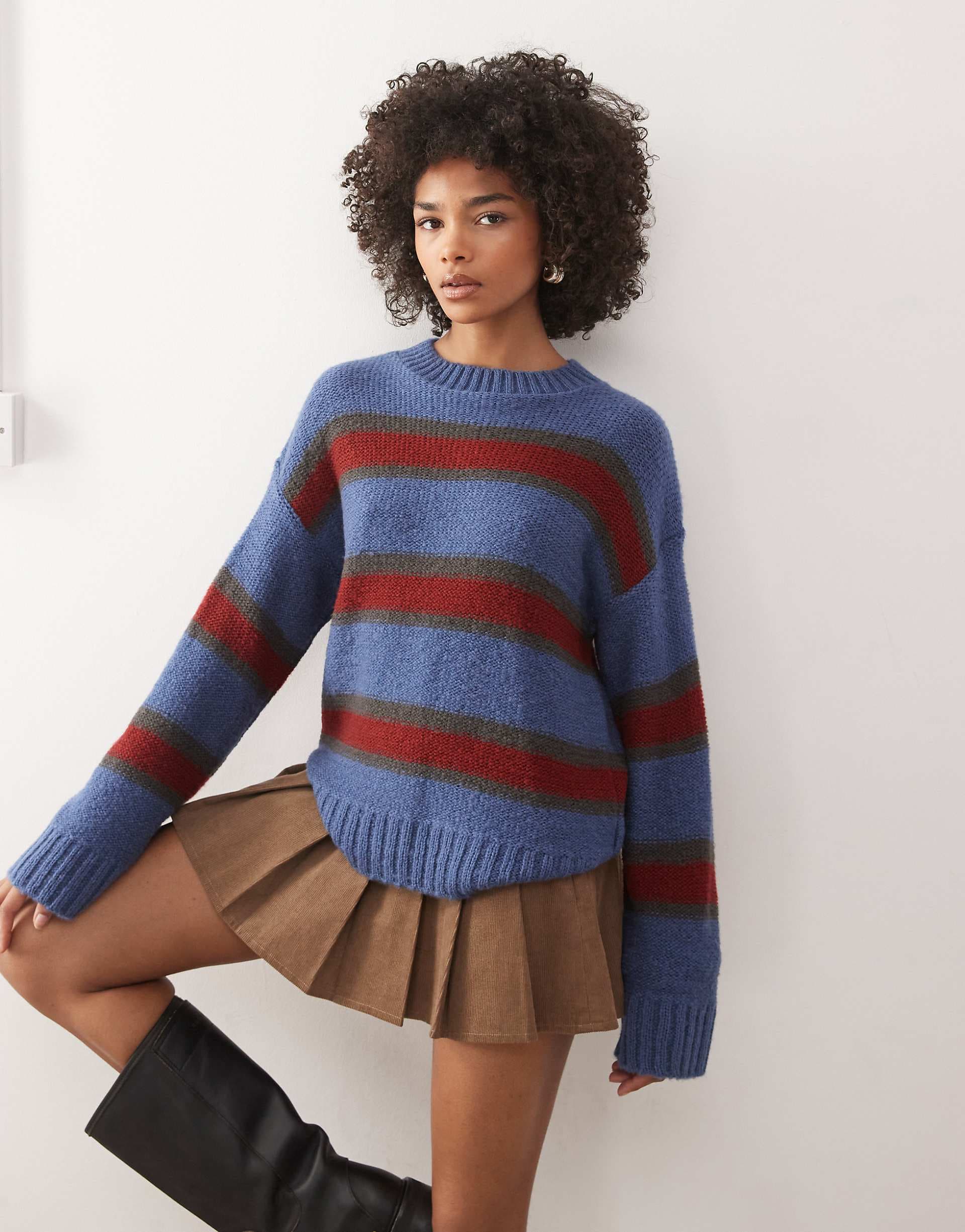 Reclaimed Vintage clean knit sweater in blue multi stripe
