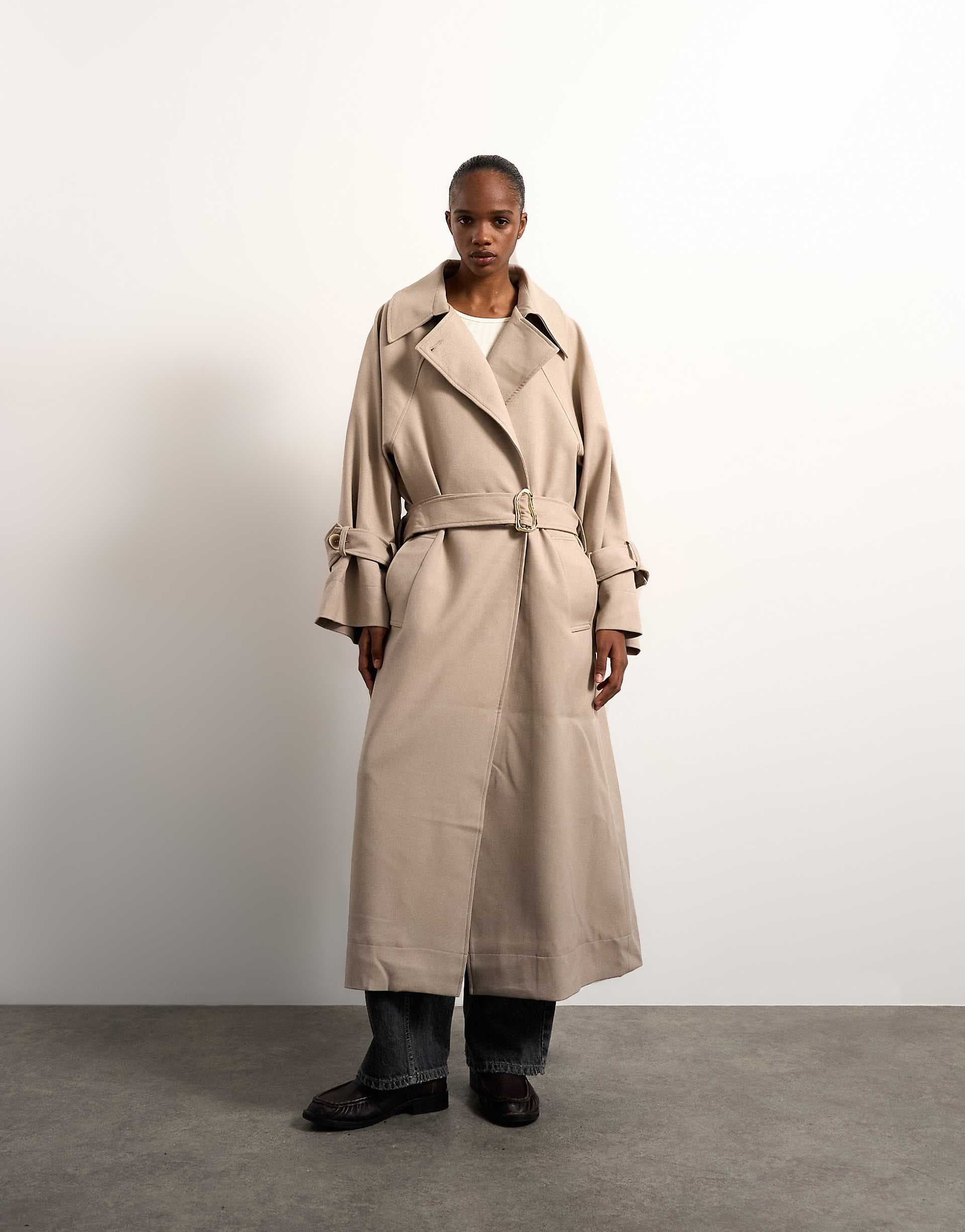 Topshop oversized clean tailored trench coat with dropped armholes in stone