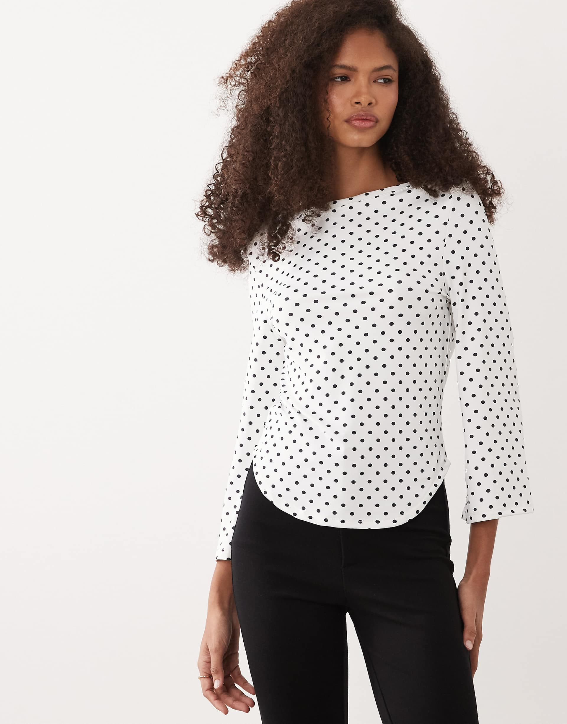 ASOS DESIGN 3/4 sleeve top with boat neck in black and white polka dots