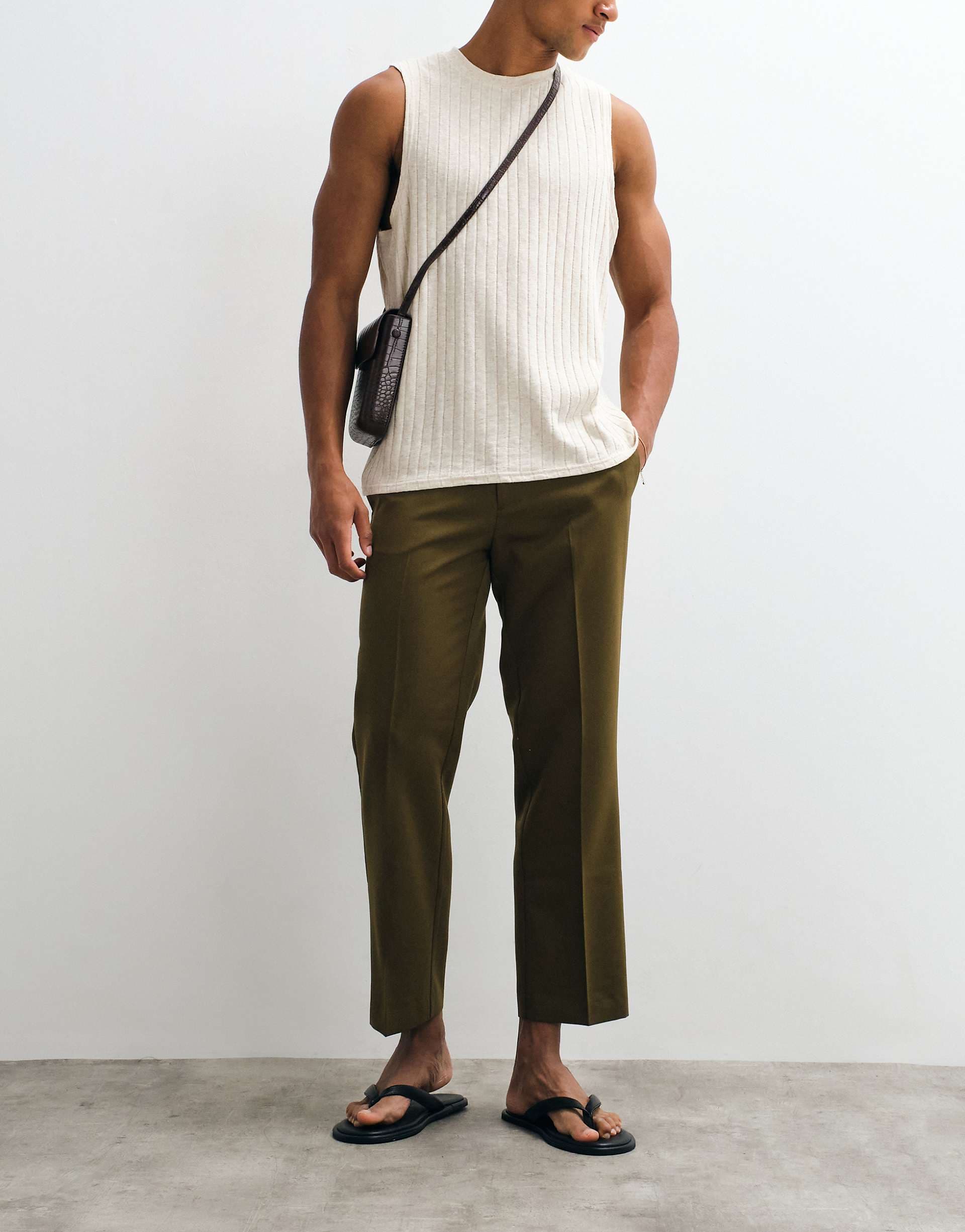 ASOS DESIGN tailored straight leg cropped pants in olive green