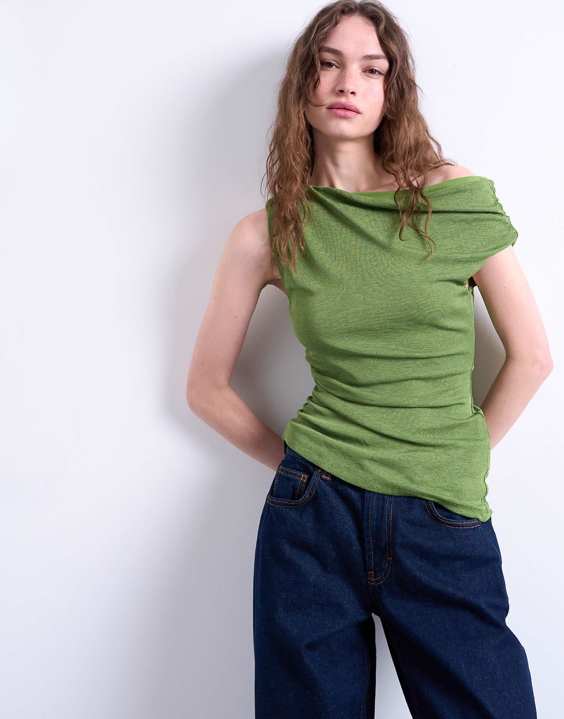 Topshop draped asymmetric shoulder top in green