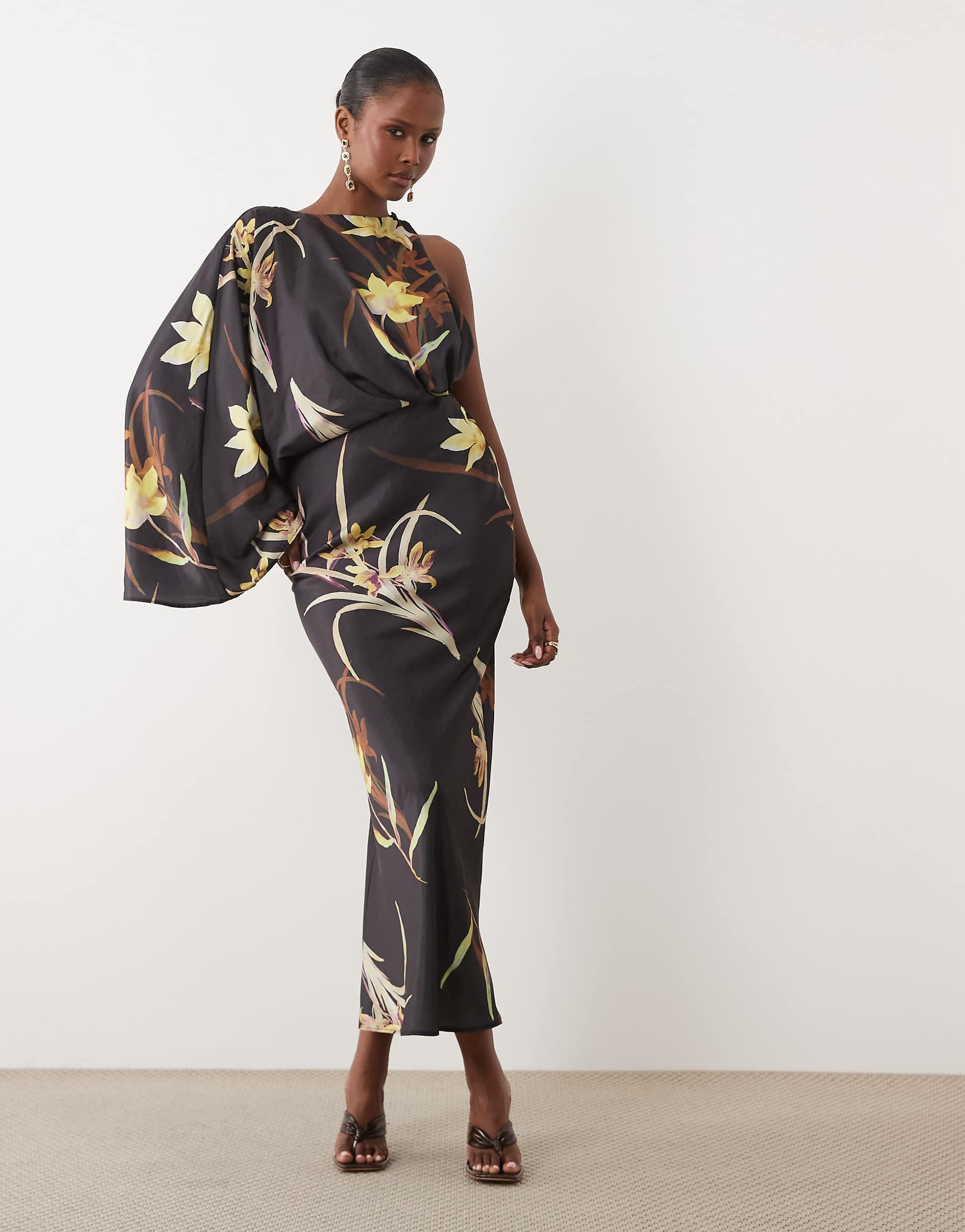 ASOS DESIGN Asymmetric one draped sleeve gathered waist midaxi dress