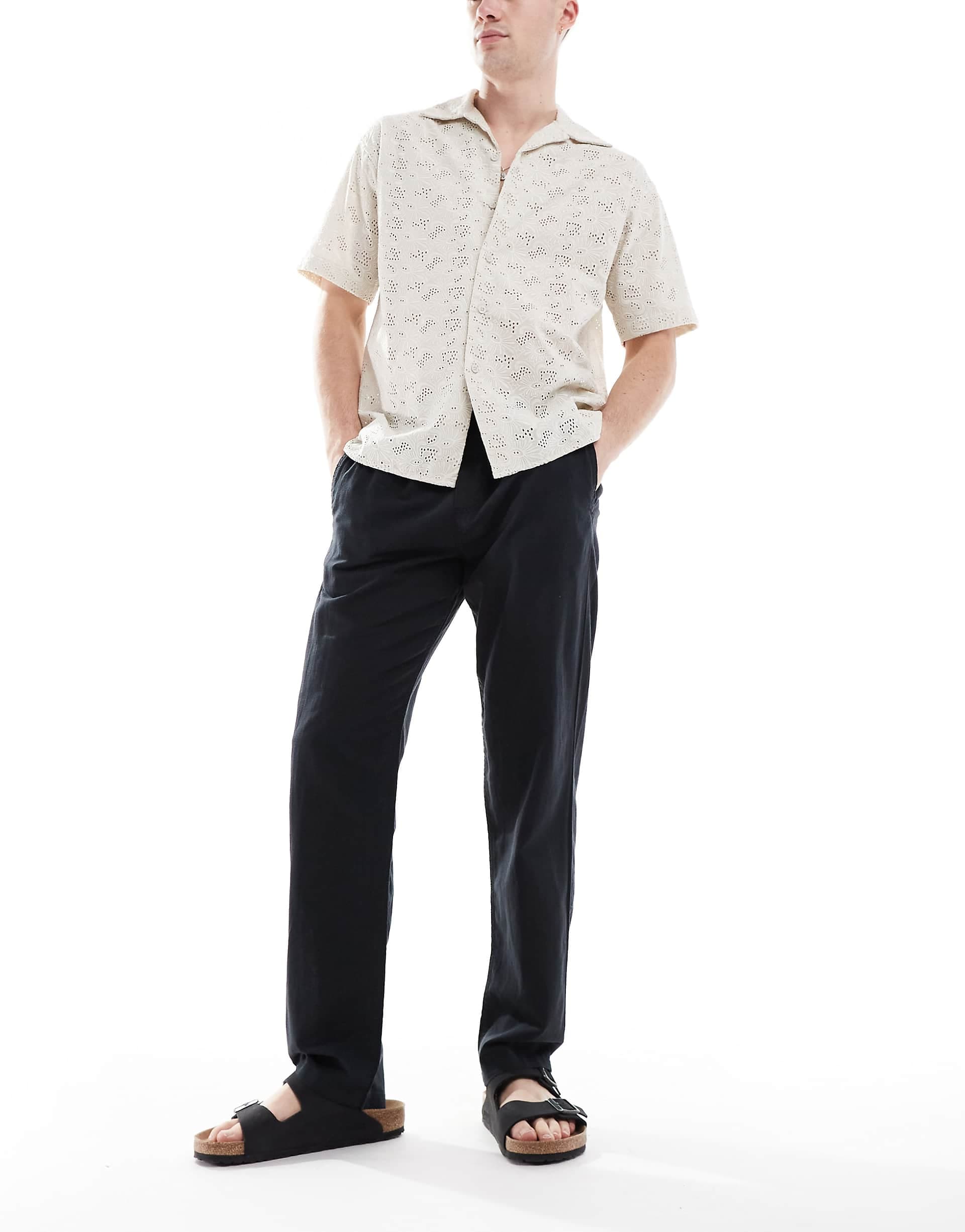 Jack & Jones drawstring linen mix pants in black