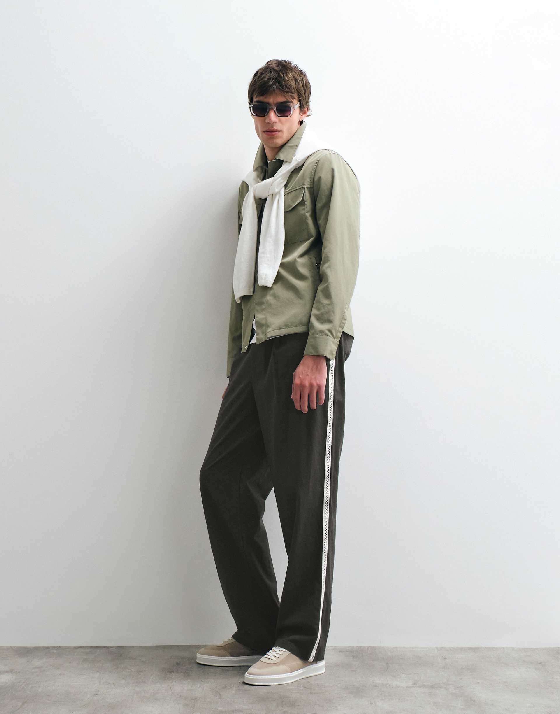 ASOS COLLECTIVE AC-B-253 straight fit cotton woven trim pants with linen in dark green