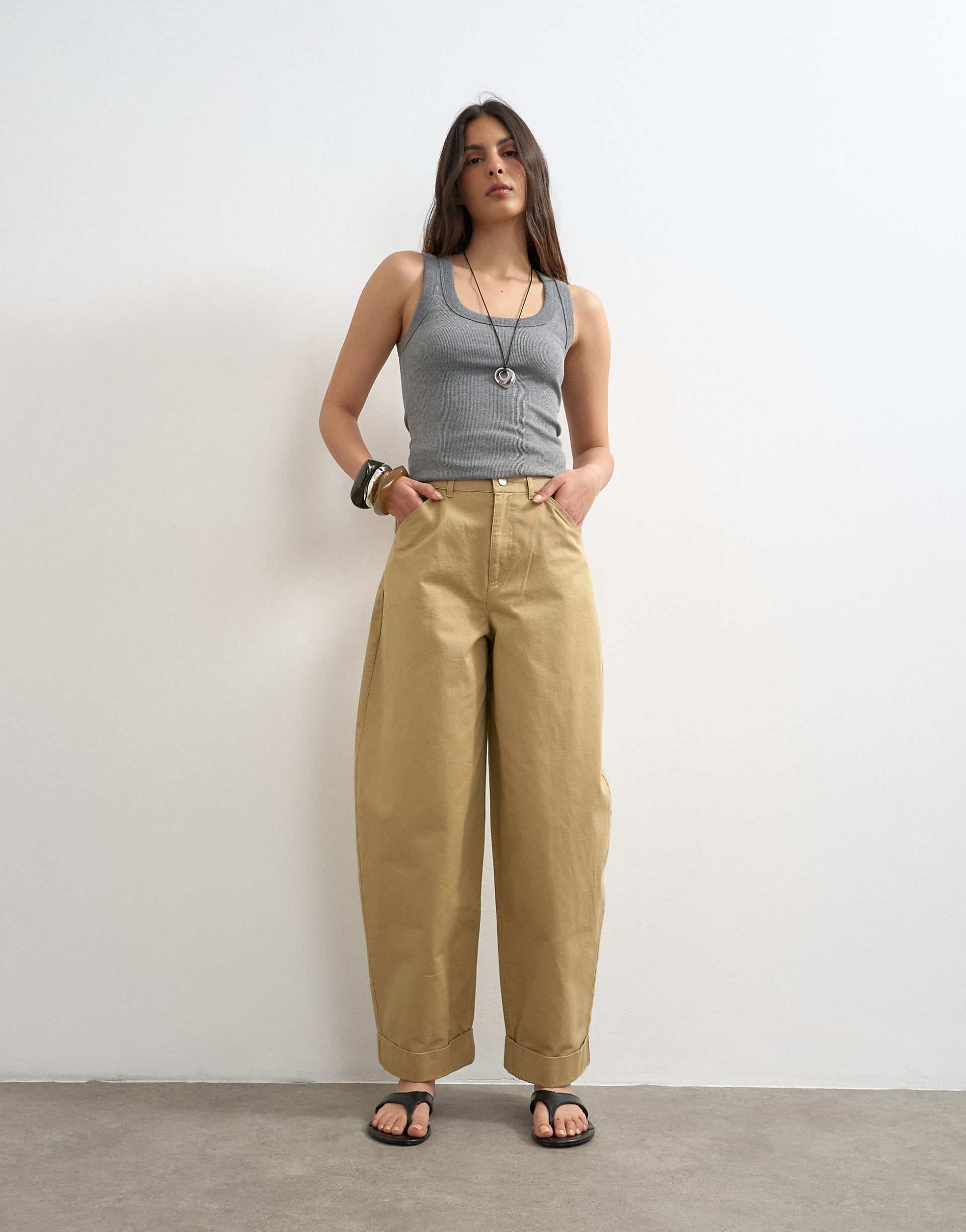 Topshop clean cargo pants with rolled hem in tan