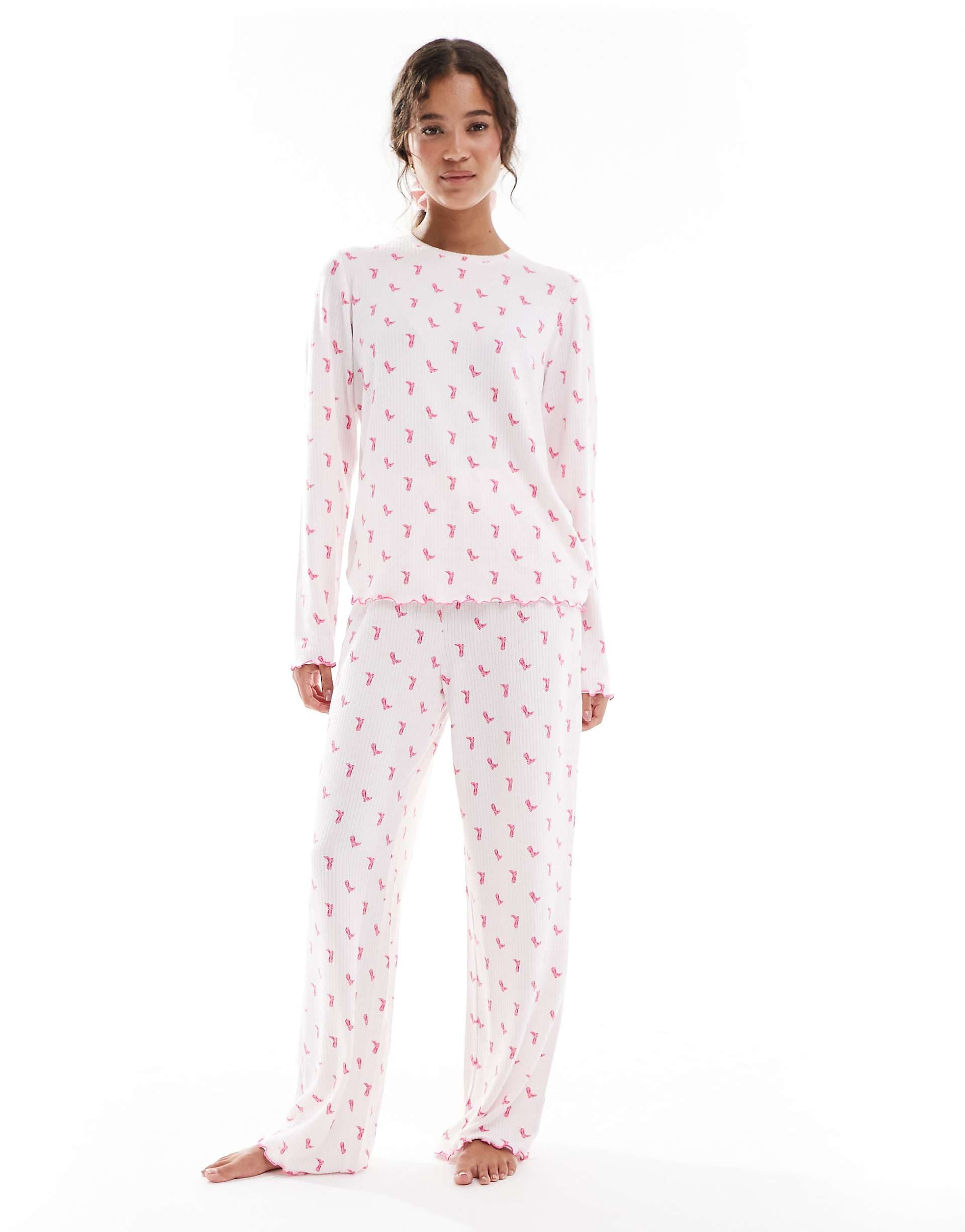 Loungeable heather brushed rib long sleeve top and pants set in pink cowboy boot print